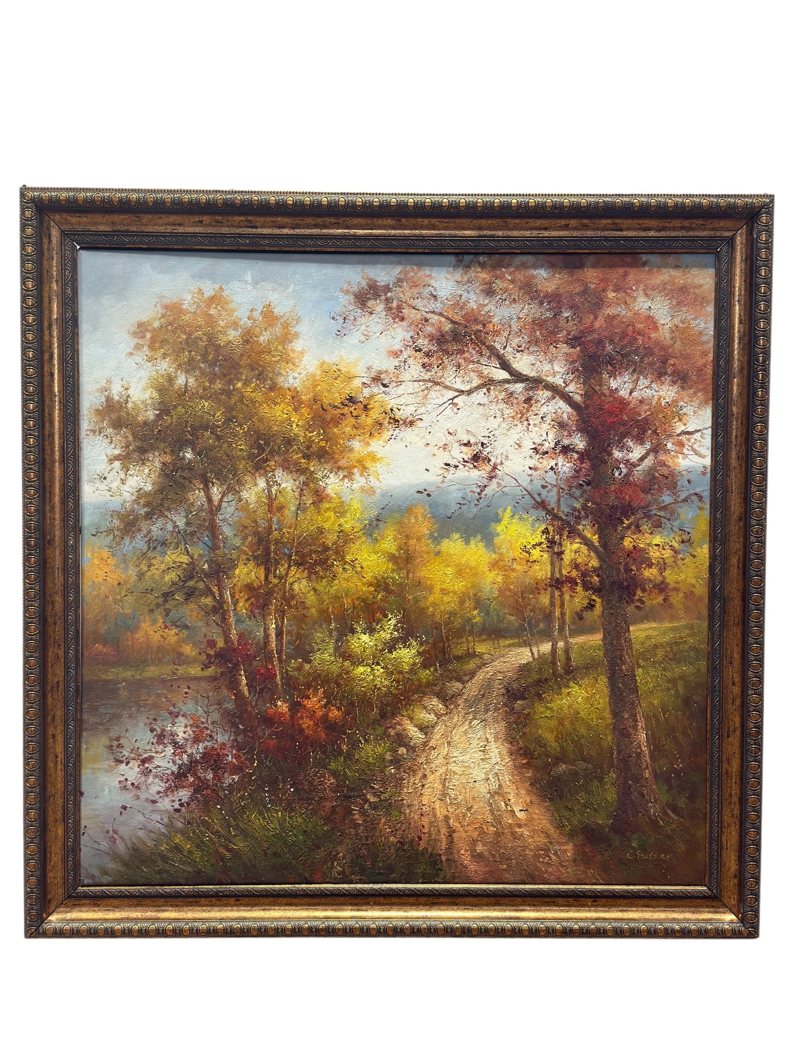 Signed C. Soutter Oil on Canvas Autumn Landscape w/ Dirt Road and Lake (1 of 12)