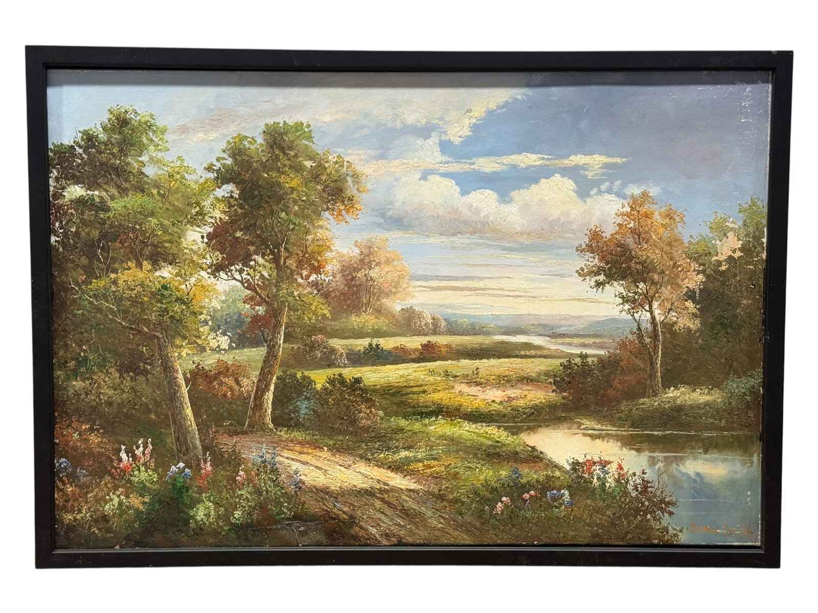 Signed Annie Smith Oil on Canvas Pastoral River Landscape Painting: Signed Annie Smith, this richly textured oil on canvas captures an expansive pastoral landscape bathed in warm natural light, with towering trees framing a winding river, open meadows, distant rolling