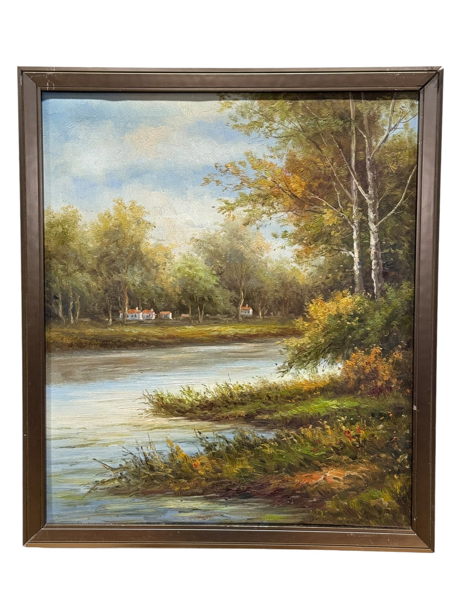 Oil on Canvas Tranquil River Landscape w/ Woodland Cottages: A peaceful river bends through a richly wooded countryside in this atmospheric oil on canvas landscape, with the composition opening from a lush, shadowed foreground into a broad expanse of reflective