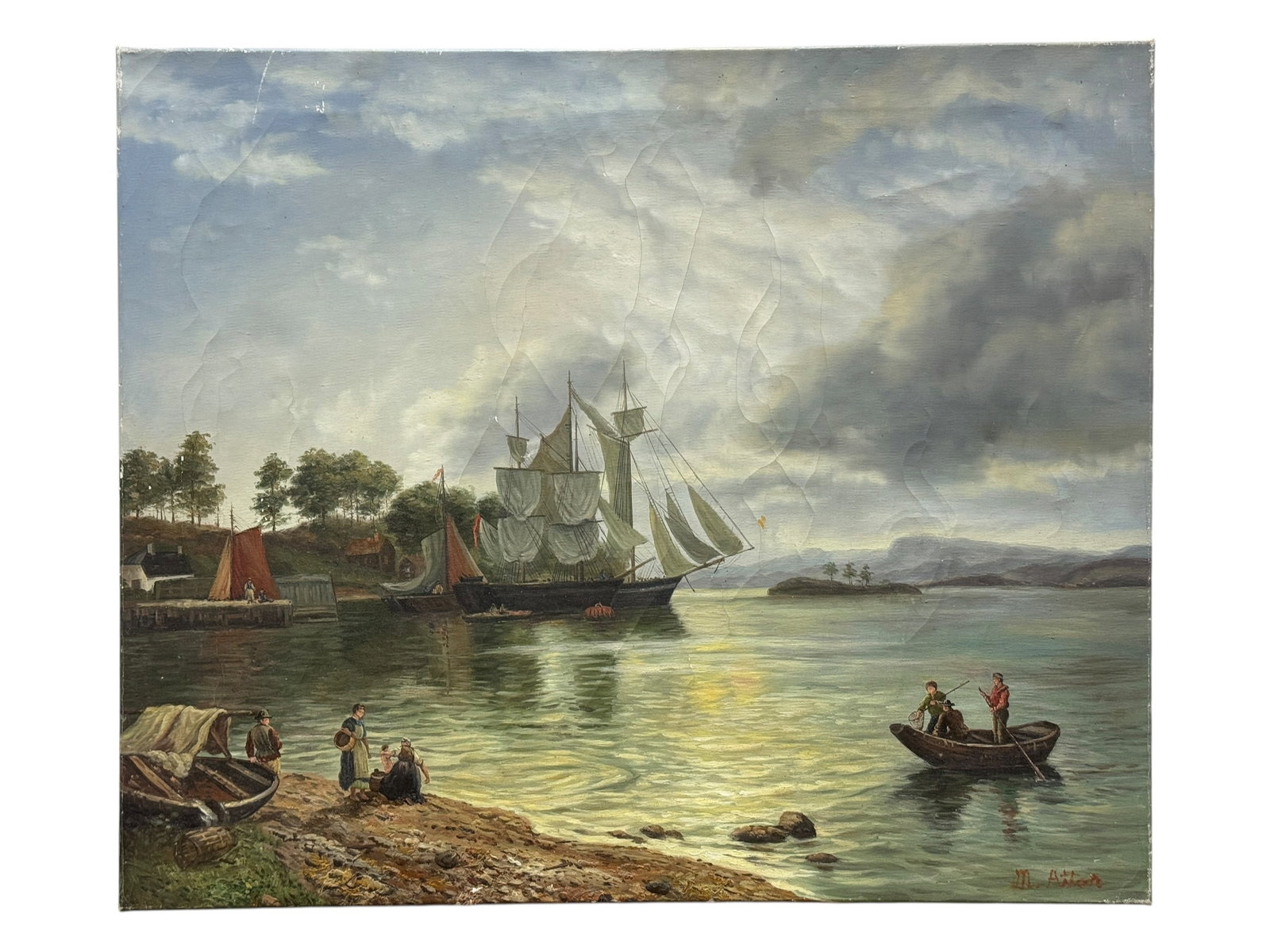 Signed Oil on Canvas Harbor Bay Maritime Scene (1 of 10)