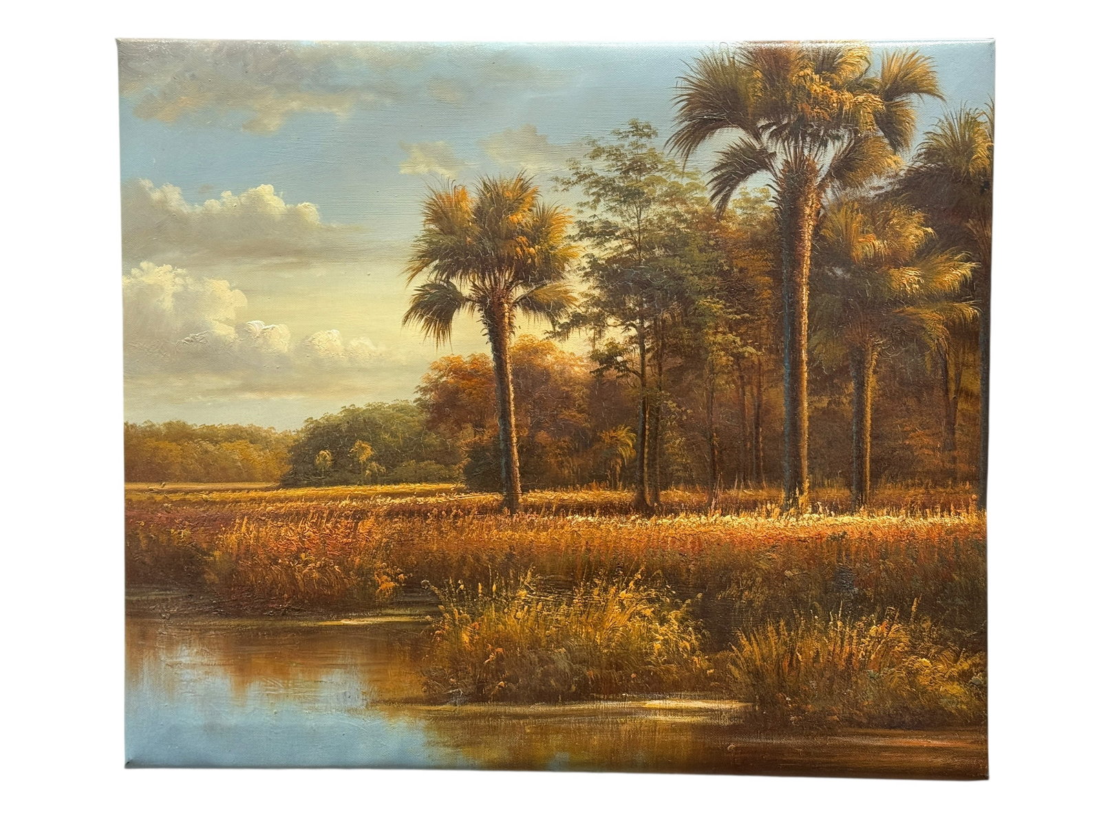 Tropical Palmetto Marsh Landscape Oil on Canvas: Golden late-day light washes across this atmospheric tropical landscape, illuminating a broad marshy meadow bordered by towering palmetto palms, dense woodland, and a quiet reflective waterway in the 