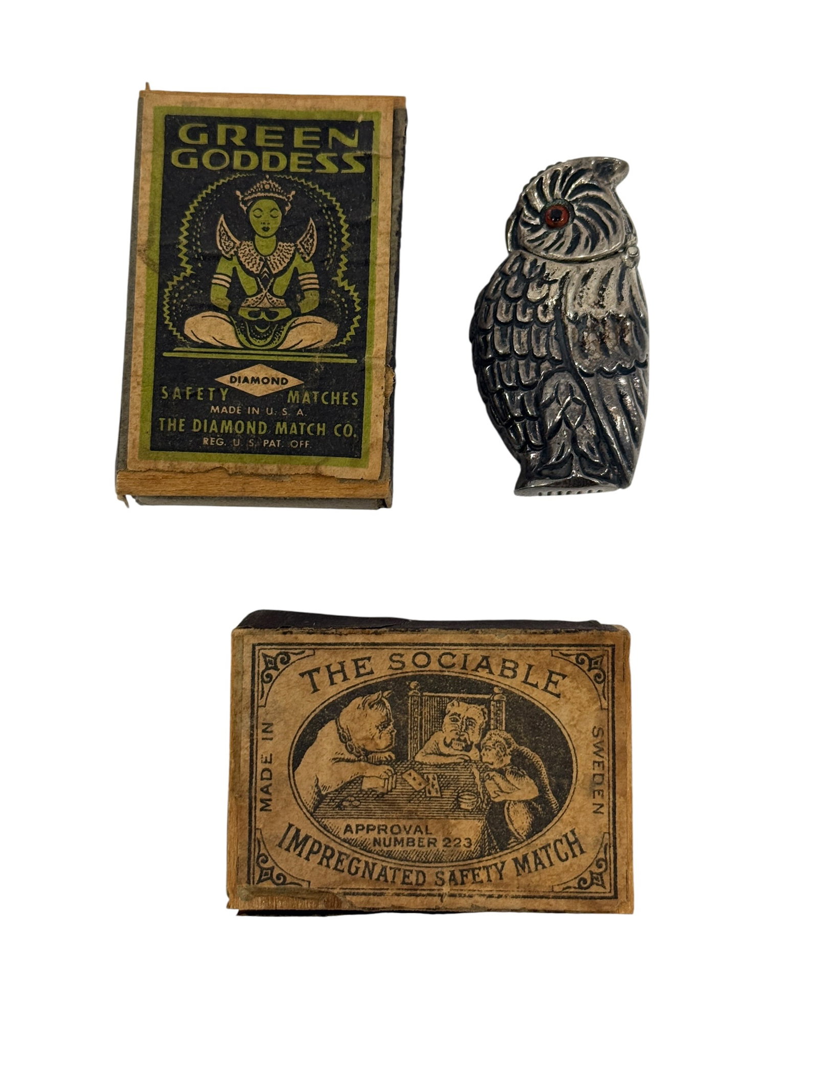(3) Vintage Matchboxes & Owl Match Safe (1 of 5)