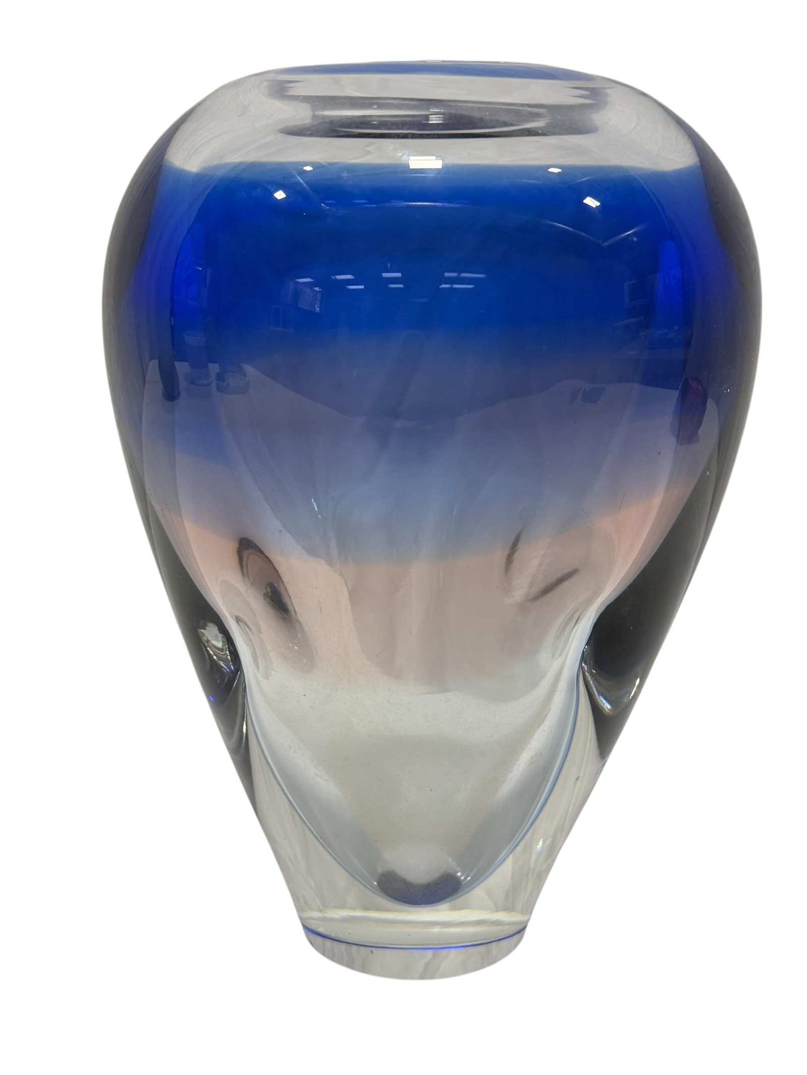 MCM Cobalt Blue Sommerso-Style Art Glass Dimple Vase: Substantial unsigned art glass vase of modernist form, hand-blown with a thick clear crystal body surrounding a deep cobalt blue interior layer that gradually softens into a pale smoky-blue transition