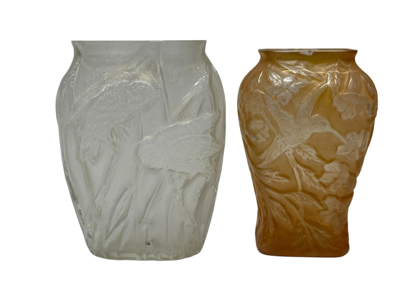 (2) Phoenix Consolidated Glass Martele Chickadee & Hummingbird Art Glass Vases (1 of 16)