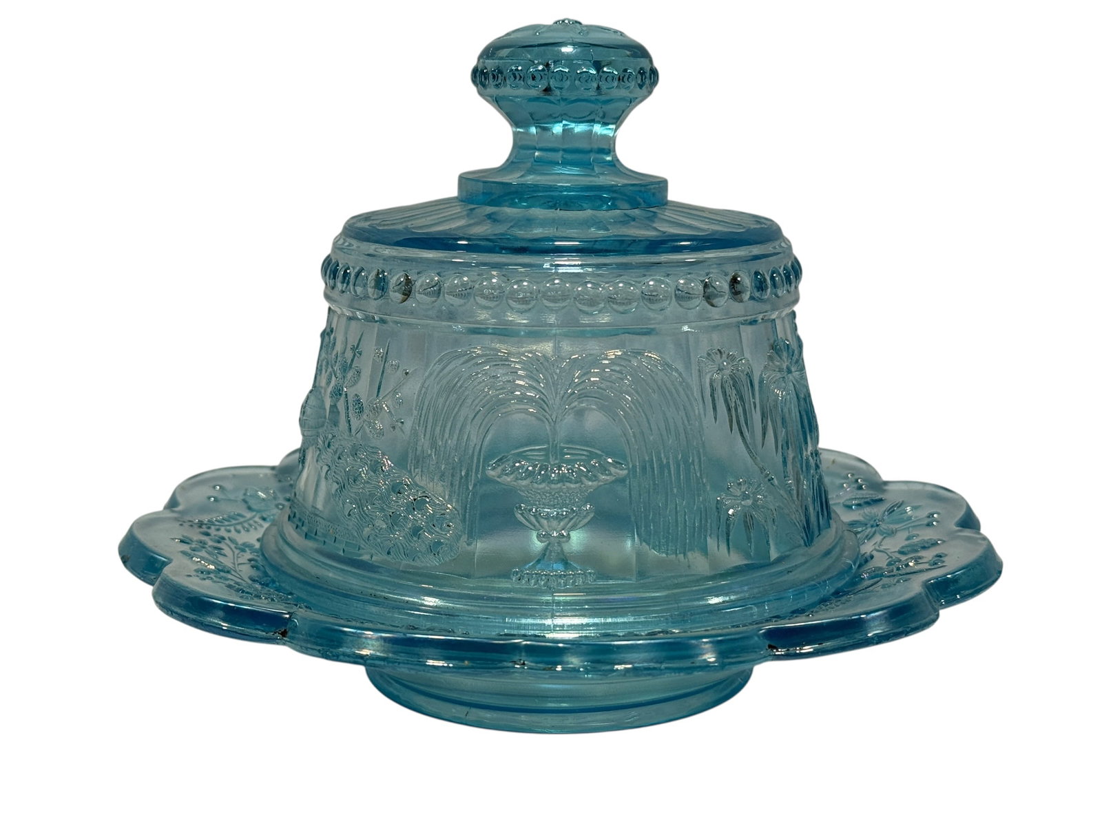 Rare Northwood Peacock & Fountain Ice Blue Covered Butter Dish (1 of 7)
