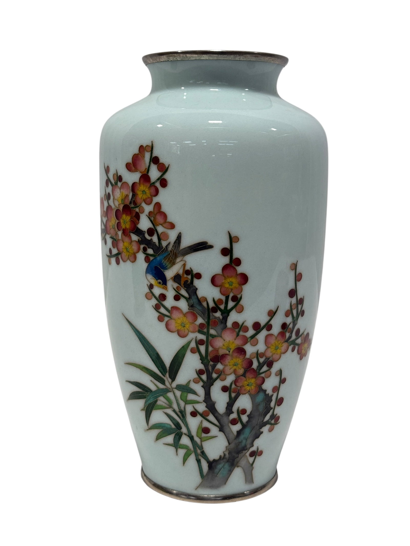 Japanese Cloisonne Enamel Bird & Prunus Vase w/ Silver-Tone Mounts (1 of 7)