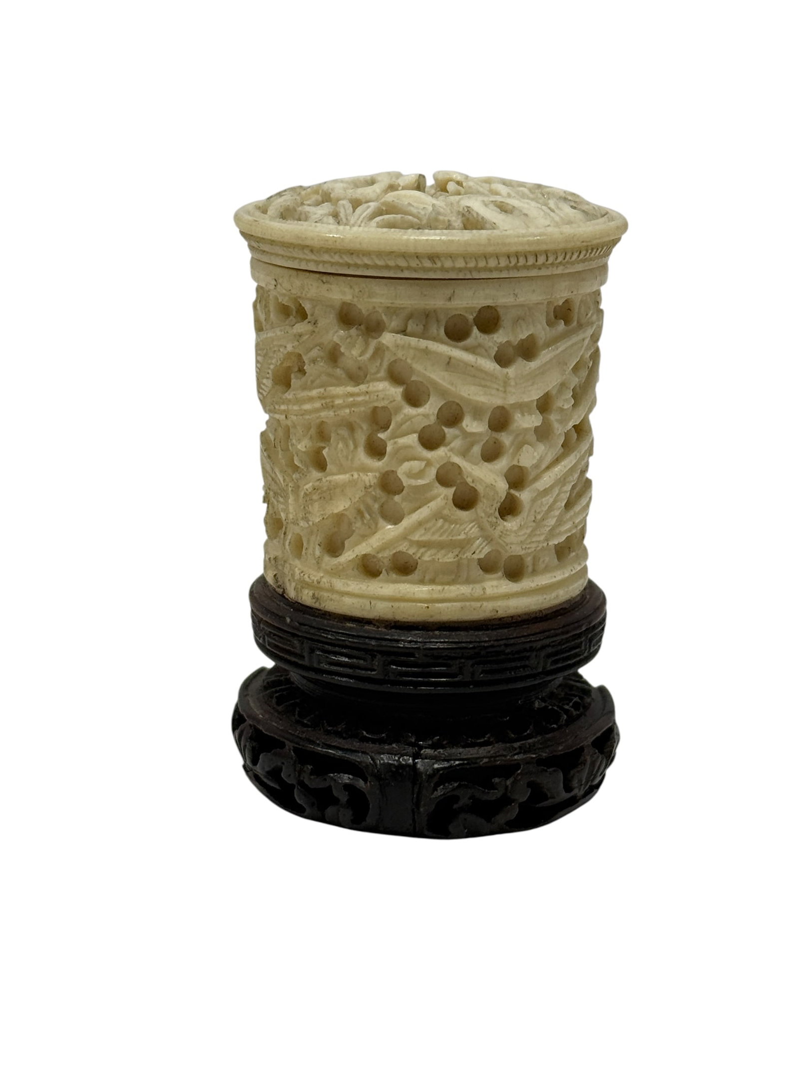 Chinese Carved Bone Cylindrical Covered Box on Carved Wood Stand (1 of 5)