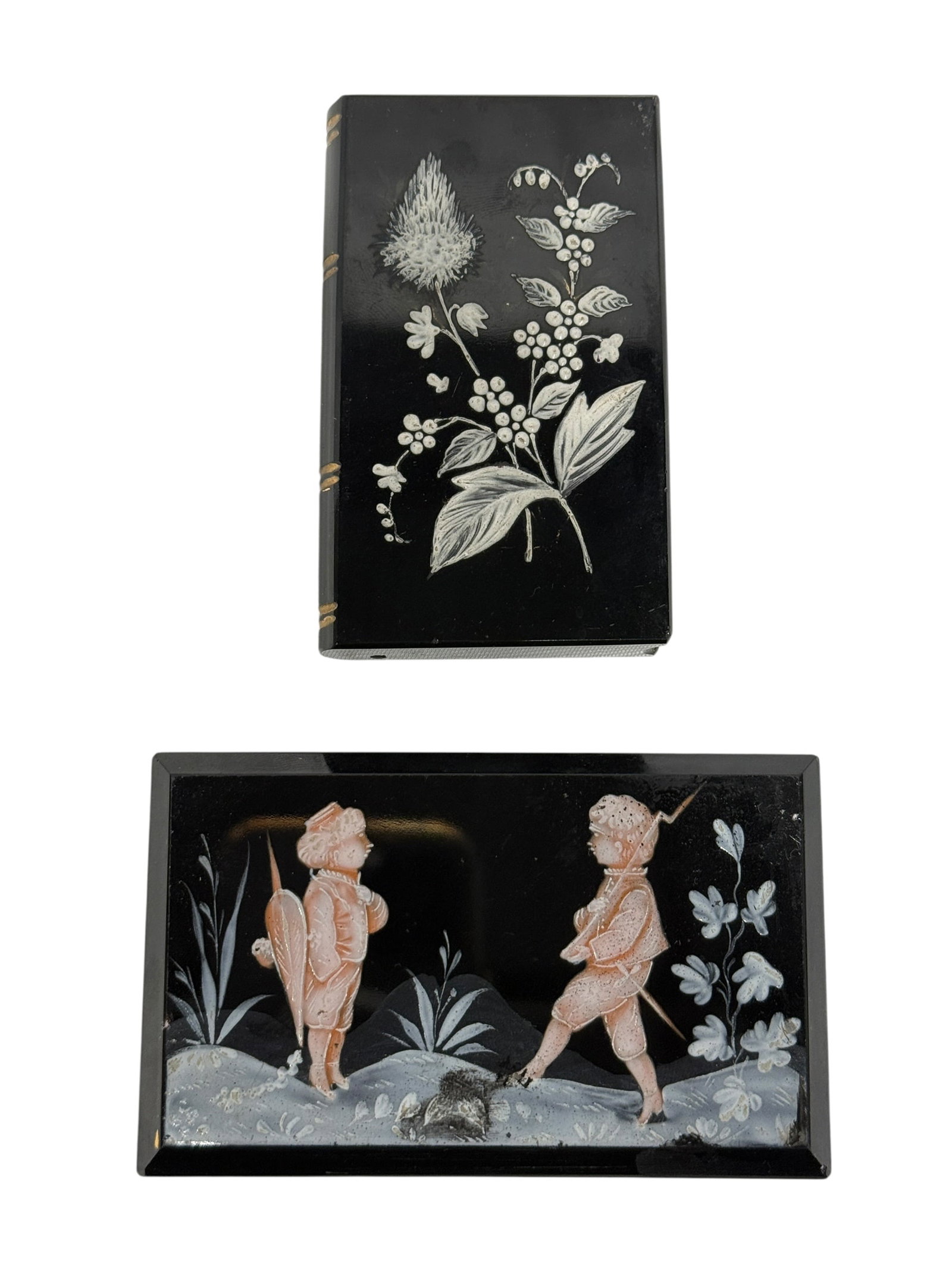 Pair of Early Asian Black Glass & Enamel Decorative Pieces: Pair of early Asian decorative black glass pieces with delicately applied enamel decoration, comprising a rectangular box-form or match-safe style piece decorated with a finely rendered flowering