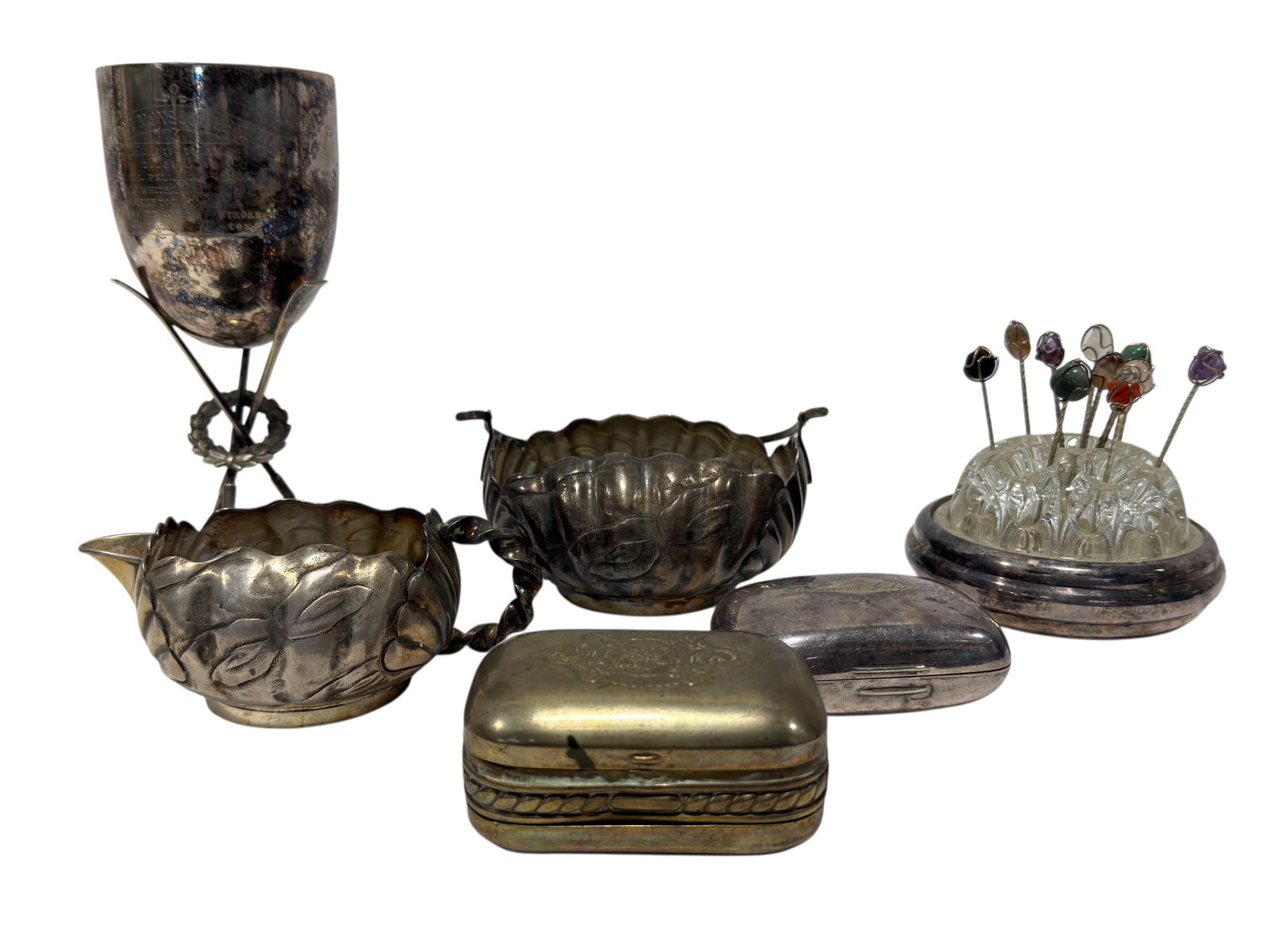 Assorted Silver Plate Decorative & Tableware Items: An eclectic and visually appealing collection of antique and vintage silverplate and metal table accessories, highlighted by a Tiffany & Co. hinged box engraved “Frances Clark” across the lid 