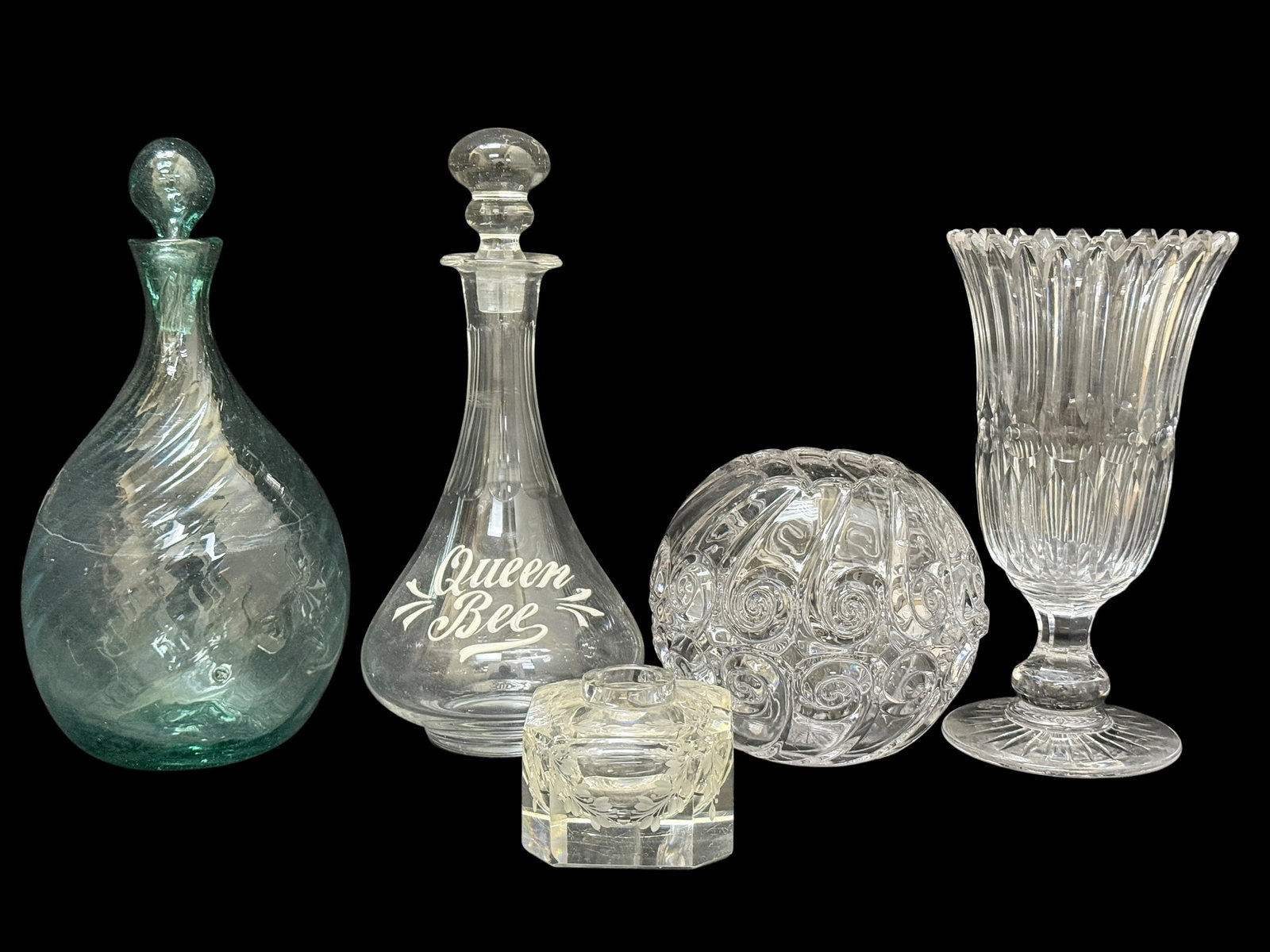 (5) Glass Decanters, Cut Crystal Vase, Bowl & Inkwell Pieces (1 of 16)