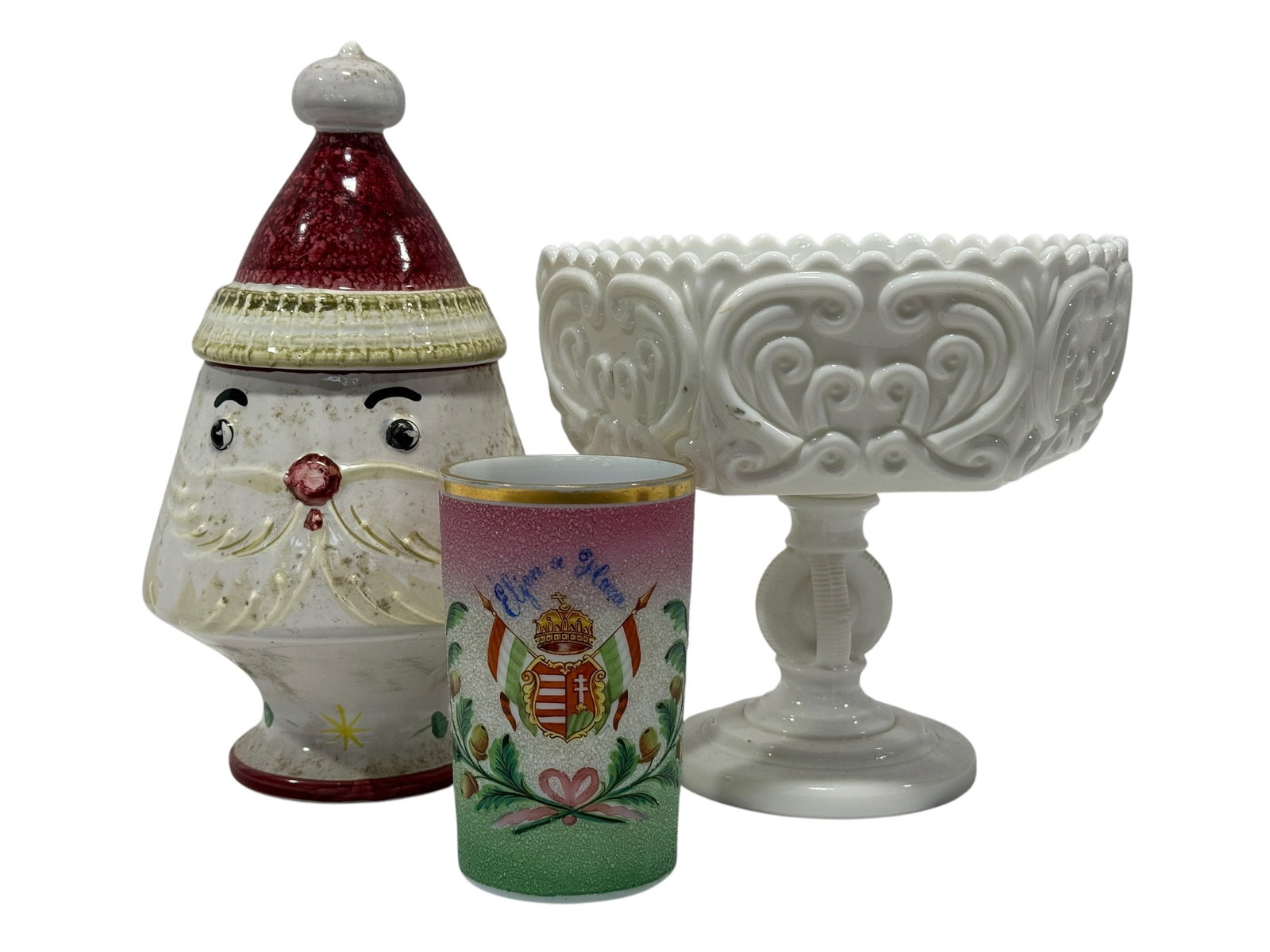 (3) Assorted Decorative Glass & Ceramic Pieces Including Milk Glass Compote: A charming mixed grouping of three decorative pieces with strong color, form, and vintage display appeal. Included is an ornate white milk glass pedestal compote with a deep scalloped bowl, bold raise