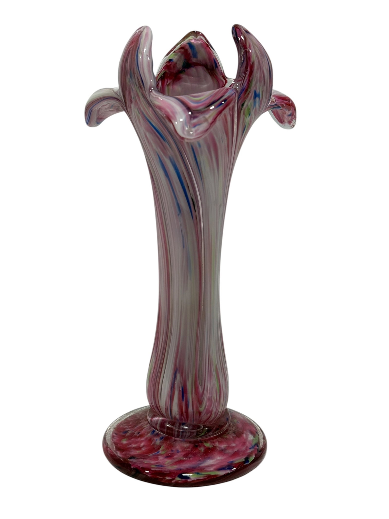 Vintage Handblown Pink Swirl Art Glass Lily Form Vase: A striking handblown art glass vase with a sculptural, almost floral presence, rising from a broad circular foot into a tall, gently waisted body before opening into a dramatic lily-form rim with