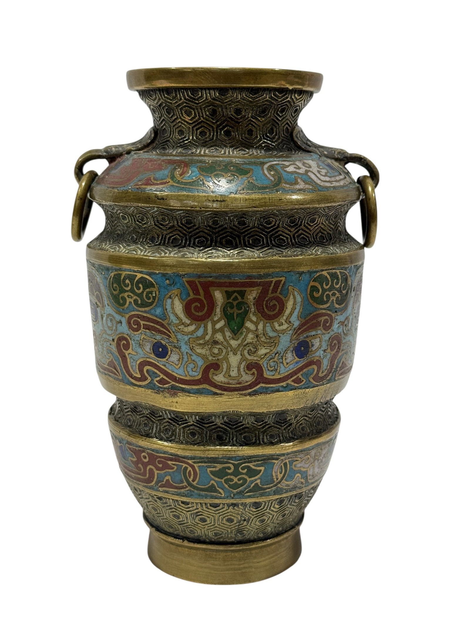 Antique Chinese Champleve Enamel and Bronze Ring-Handled Vase: Richly decorated with bold archaistic ornament, this antique Chinese champlevé enamel vase combines a substantial bronze body with colorful enamel bands in turquoise blue, red, green, white, and coba