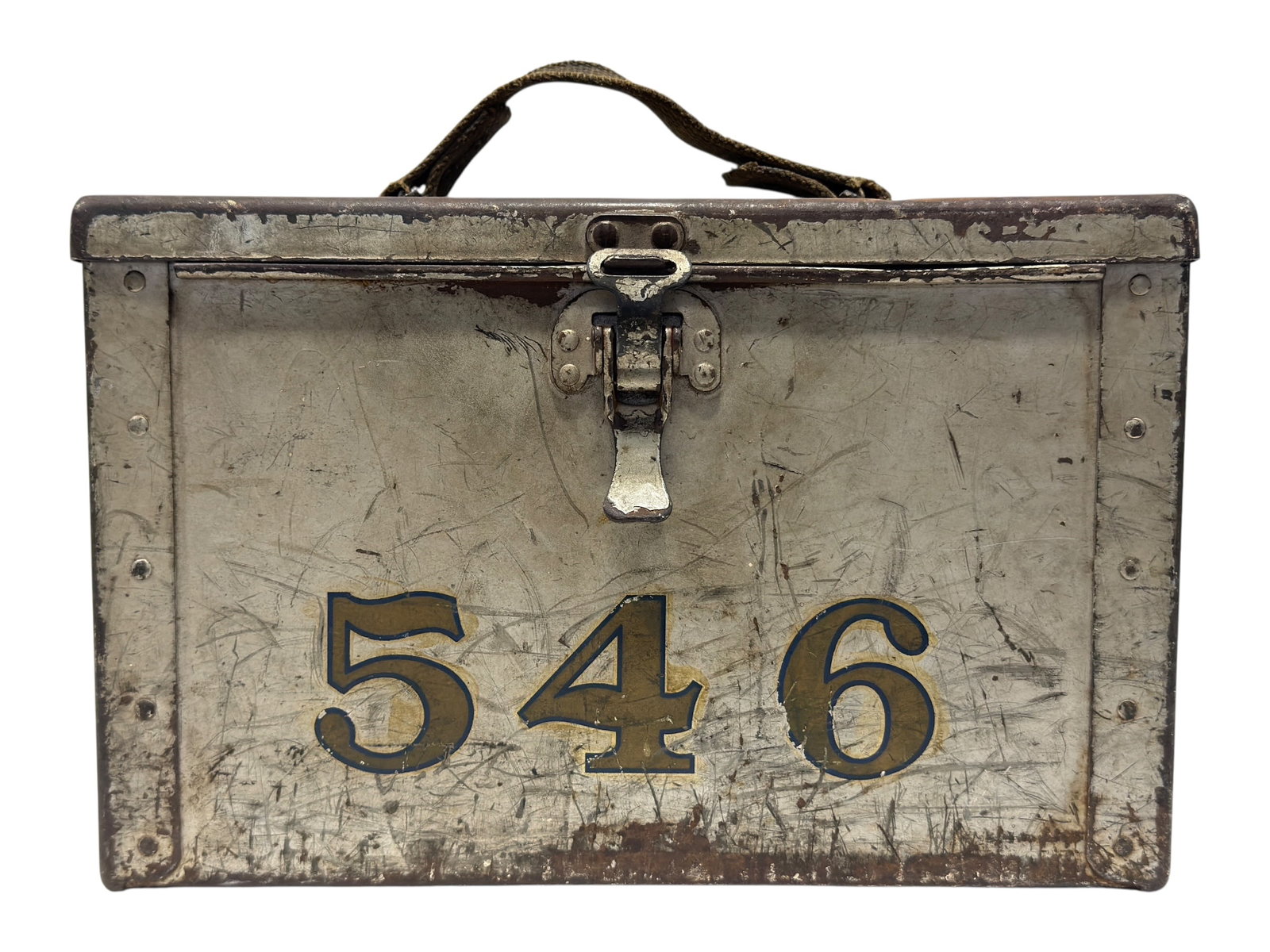 Early 20th C. Heavy Galvanized Industrial Tool & Hardware Tote No. 546: Loaded with authentic shop-worn character, this early 20th century industrial tool and hardware tote is constructed of heavy galvanized steel with riveted reinforcement, a hinged lid, stout metal