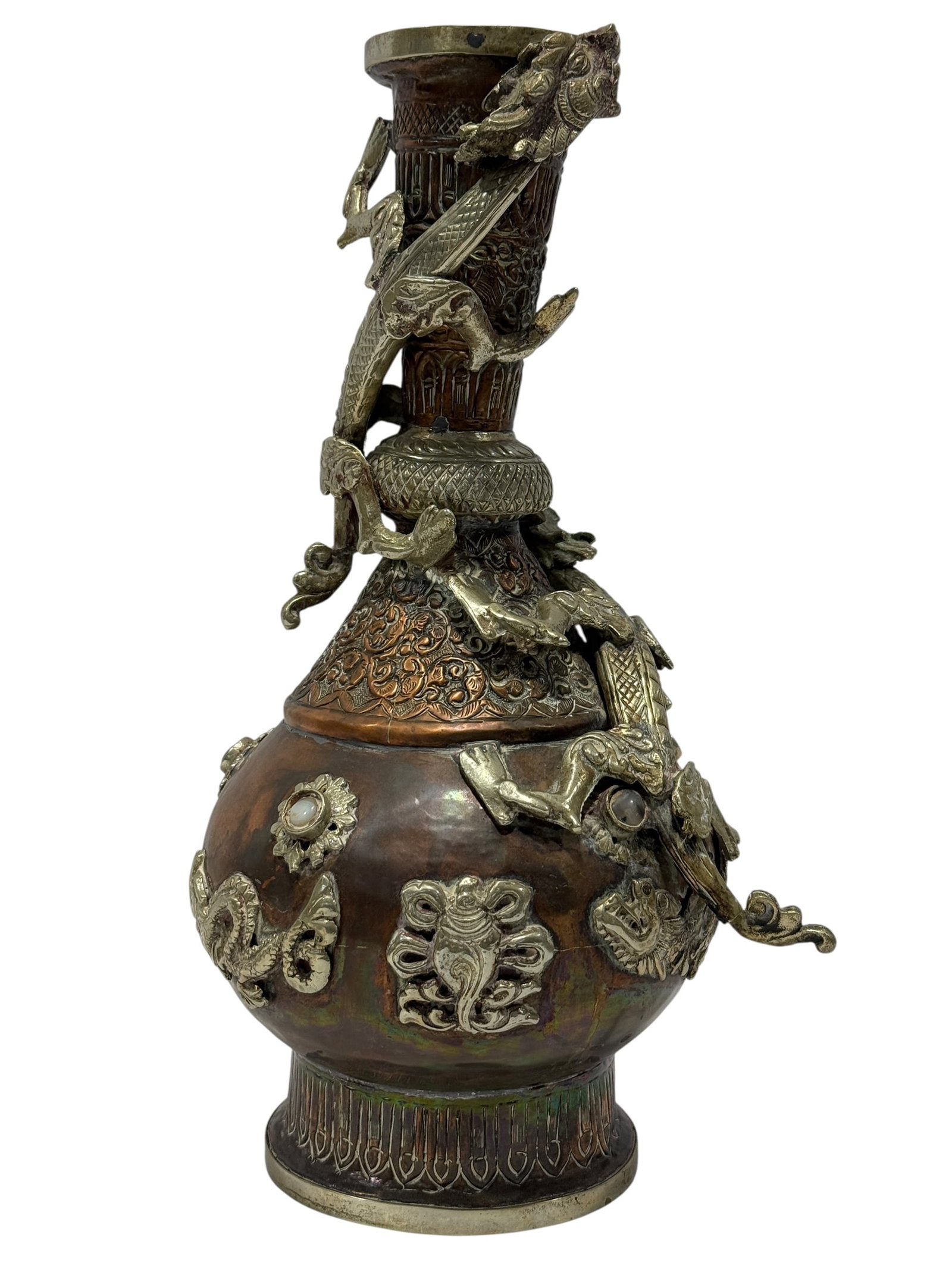 Early Asian Copper & White Brass Dragon Vase w/ Jewels (1 of 11)