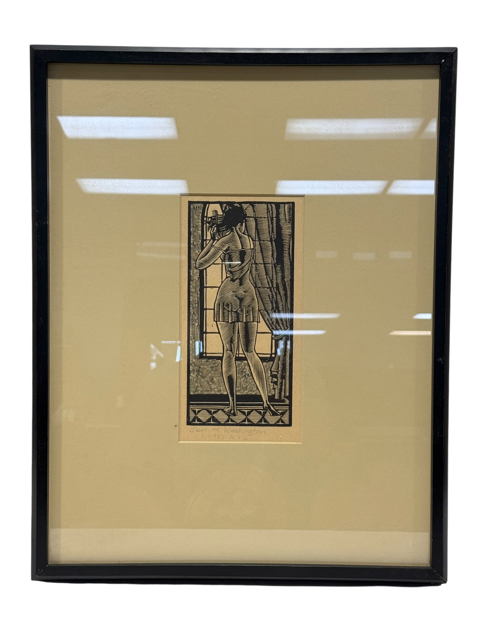Signed Earl M. Washington 1933 N.Y.C. Figural Woodblock Print: A striking early 20th-century figural print presents a fashionably dressed woman posed beside a window and heavy curtain, rendered in bold black-and-cream linear patterning with strong Art Deco