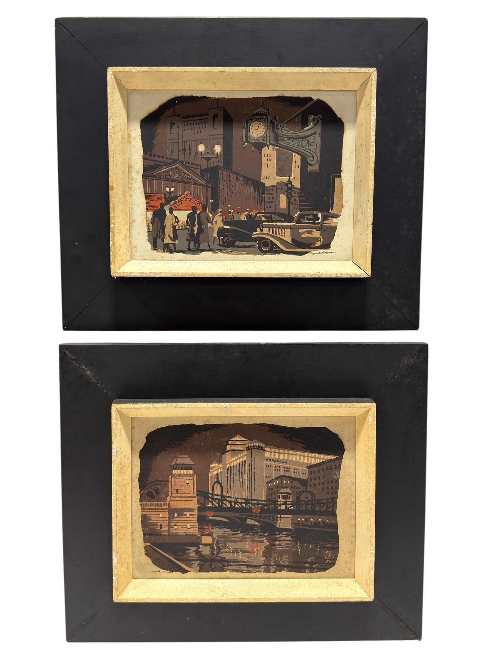 Pair of Signed Mark Coomer Chicago Street Scene Original Serigraphs: A wonderfully atmospheric pair of mid-century Chicago city views captures the energy, architecture, and nightlife of the downtown streets through bold graphic forms and a restrained palette of black,
