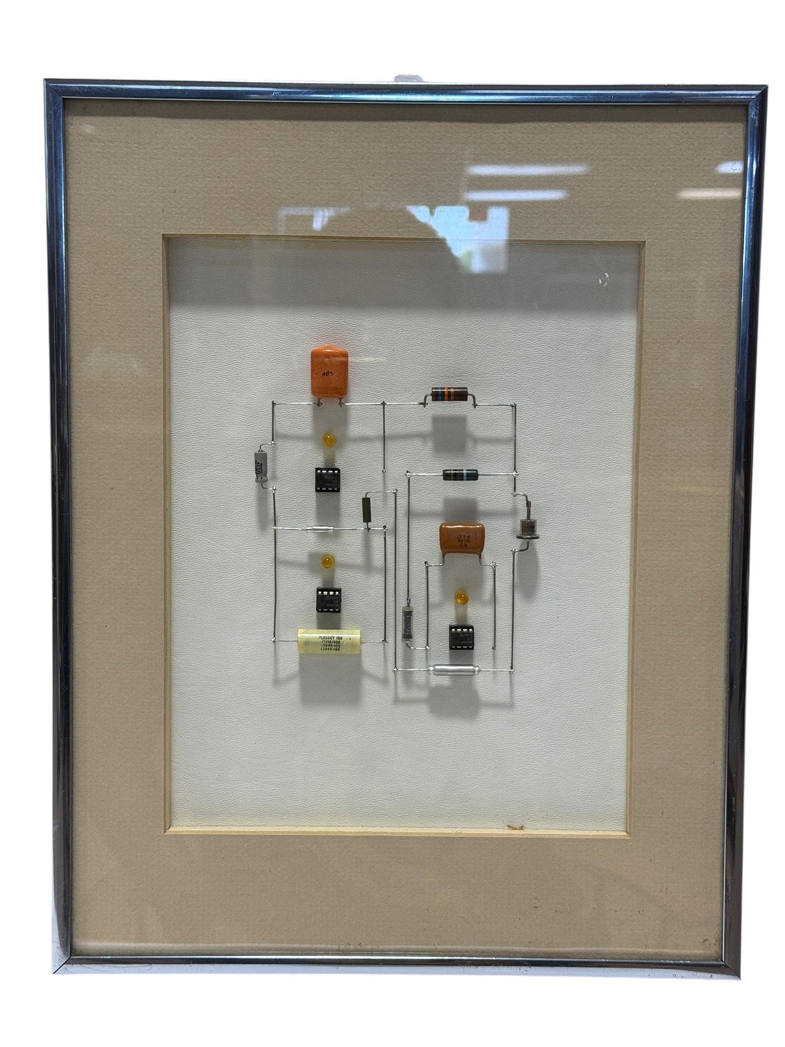 H. L. Van Ness Modernist Electronic Circuit Sculpture No. 80: A striking fusion of art and technology, this modernist electronic sculpture transforms the exposed architecture of a working electrical circuit into a carefully balanced geometric composition.