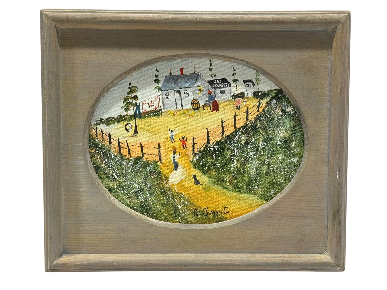 Signed Peti Clements African American Folk Art Oil on Board Rural Scene: A lively and highly expressive rural scene unfolds across a winding golden path, with small figures, children at play, a seated dog, chickens, fencing, and a cluster of simple buildings creating the
