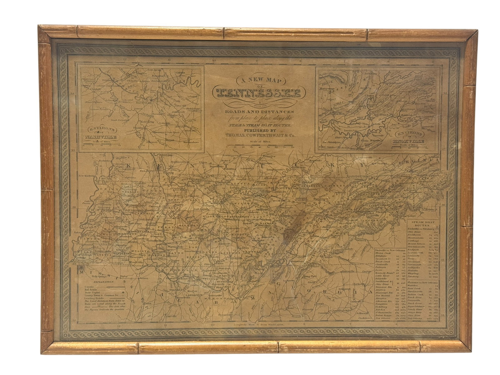 Thomas, Cowperthwait & Co. Mid 19th C. "A New Map of Tennessee" Framed Map: An attractive mid-19th century engraved map titled “A New Map of Tennessee with its Roads and Distances from Place to Place Along the Stage & Steam Boat Routes,” published by Thomas,