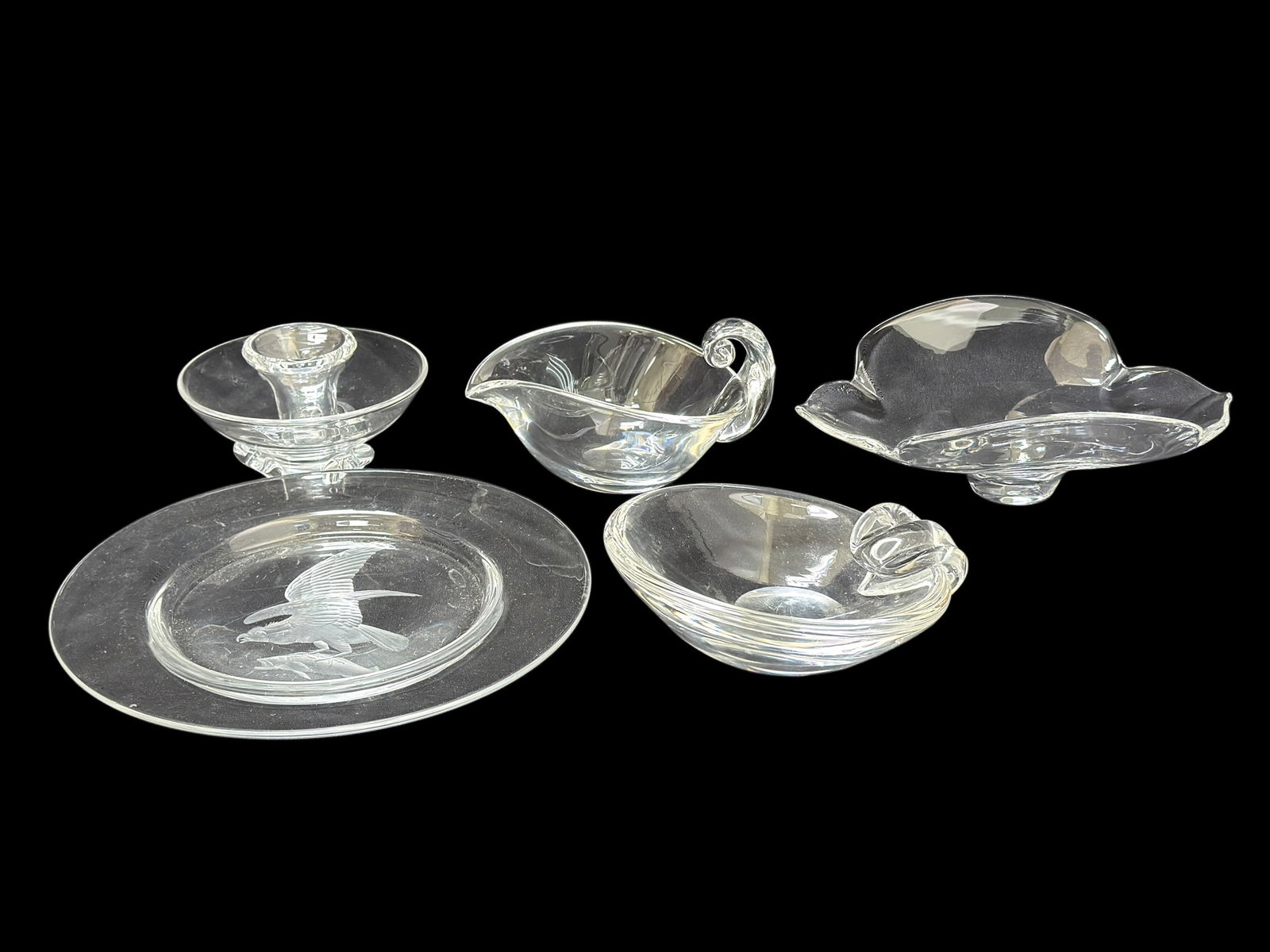 Mid Century Steuben Glass Collection, 5 Pieces: A refined group of five signed Steuben crystal art glass pieces dating to the mid 20th century, each bearing the Steuben signature to the underside and showcasing the firm’s hallmark clarity and