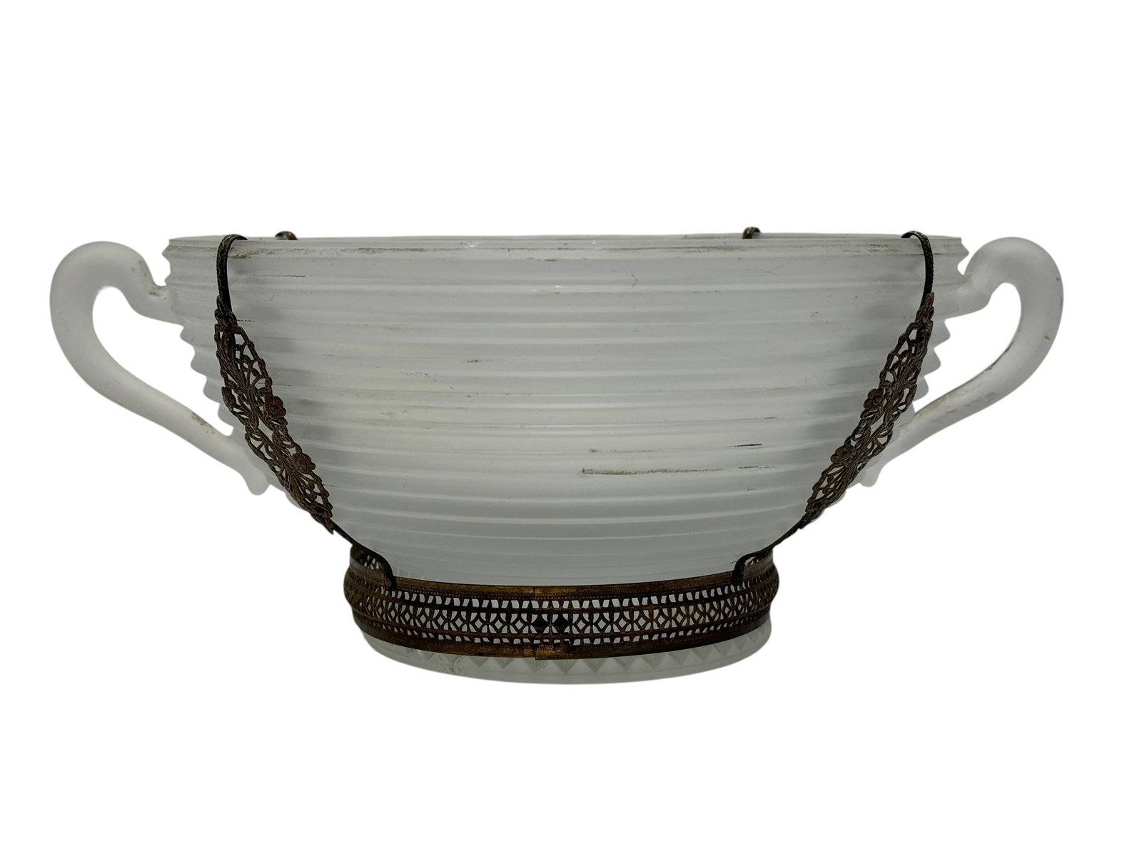 1930s Anchor Hocking Manhattan Frosted Glass Fruit Bowl w/ Mounts: Striking 1930s Art Deco Anchor Hocking “Manhattan” frosted glass fruit bowl featuring the pattern’s distinctive concentric horizontal ribbing, a broad circular form, and a pair of