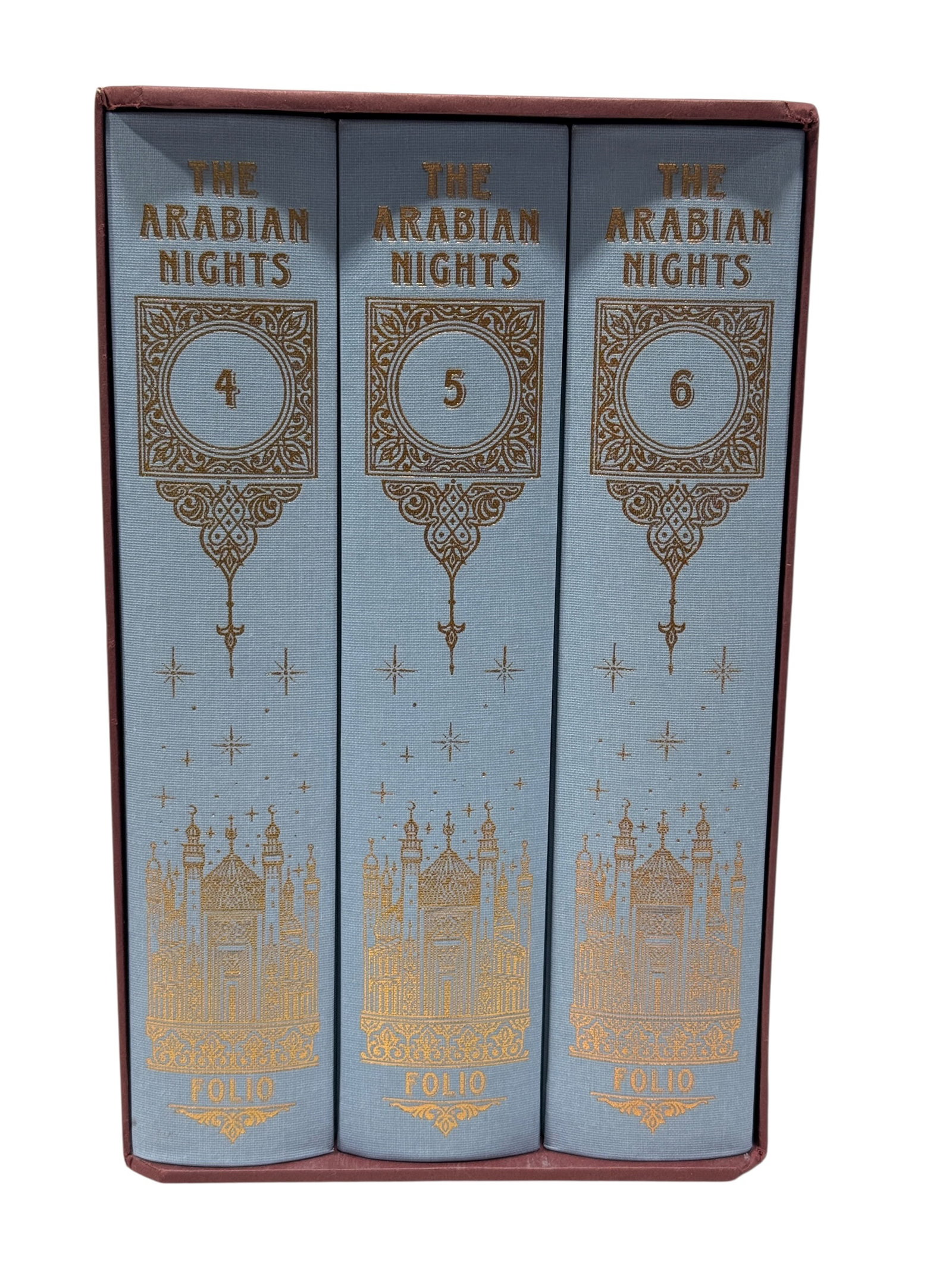 The Folio Society 2003 “The Arabian Nights?? Volumes IV–VI: Three-volume Folio Society edition of The Arabian Nights: The Book of the Thousand Nights and One Night, comprising Volumes IV, V, and VI, published in London in 2003. Rendered into English by Powys M