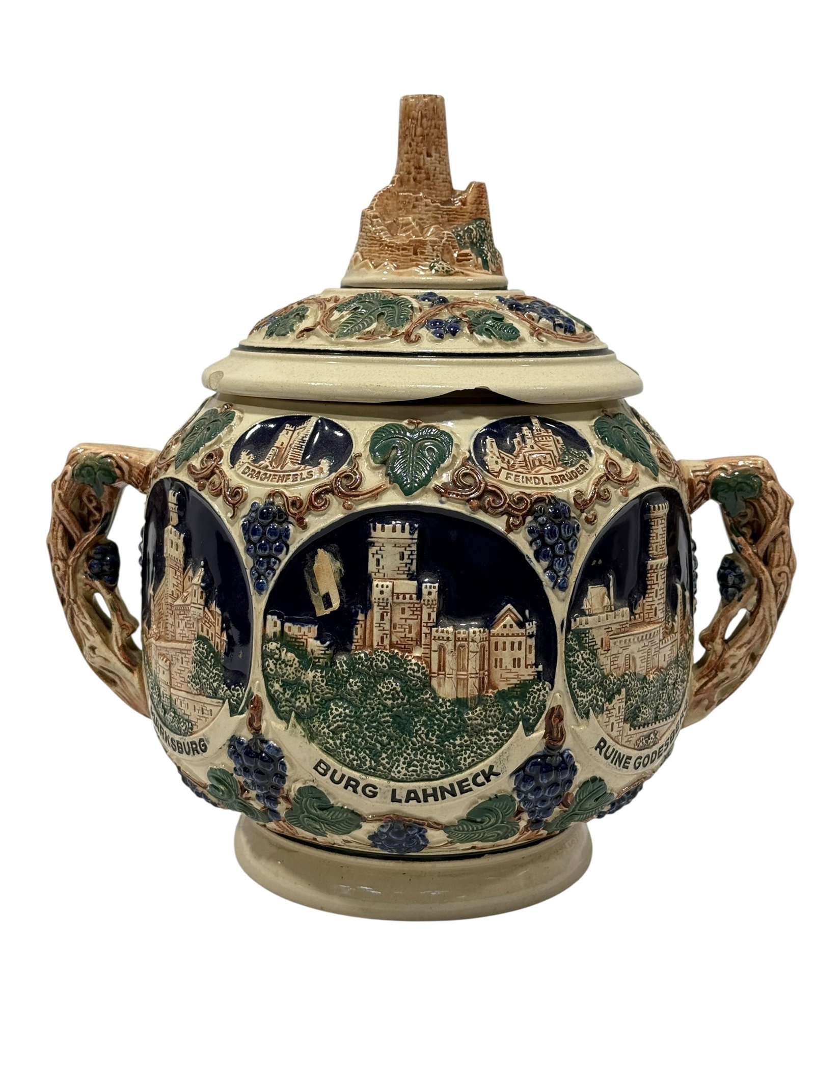 Gerz West Germany Relief Decorated German Castle Wine Punch Bowl / Tureen: A large and highly decorative Gerz West Germany stoneware punch bowl or covered tureen, richly molded in high relief with an architectural tour of historic German castles and landmarks set against dee
