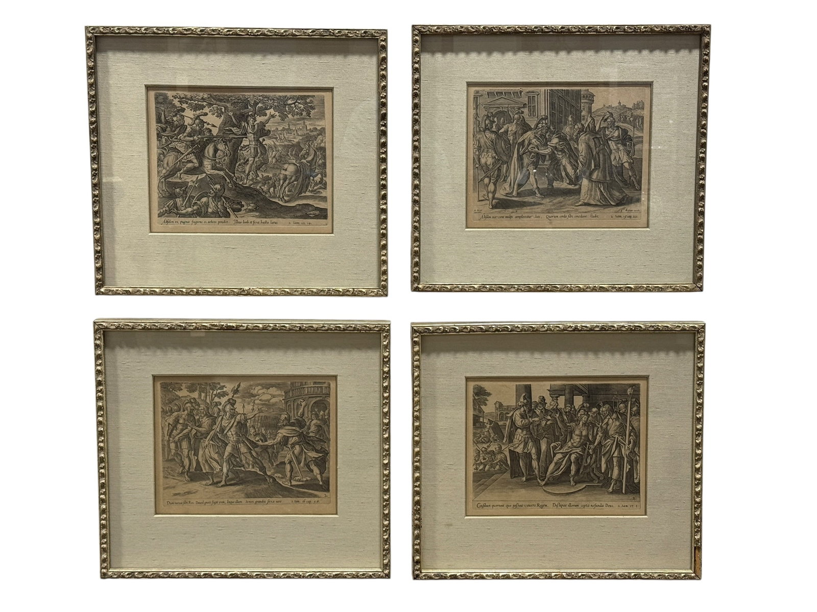 Johannes Wierix After Maarten de Vos, Set of 4 Absalom Biblical Engravings: Dramatic scenes of betrayal, flight, counsel, and death unfold across this complete four-part biblical series illustrating the story of Absalom from the Second Book of Samuel, rendered with exceptiona