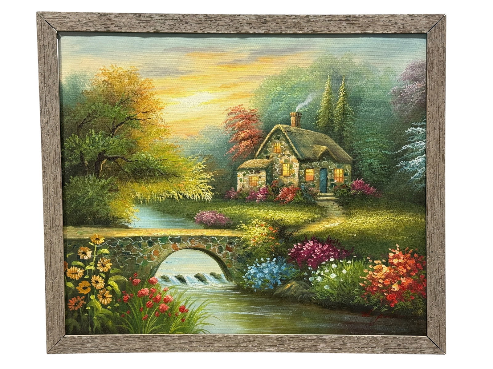 Signed M. Parson Cottage Garden Landscape Oil on Canvas Painting: A richly colored pastoral landscape depicts a charming stone cottage nestled within lush flowering gardens beside a gently flowing stream, crossed by a low arched stone bridge in the foreground. Paint