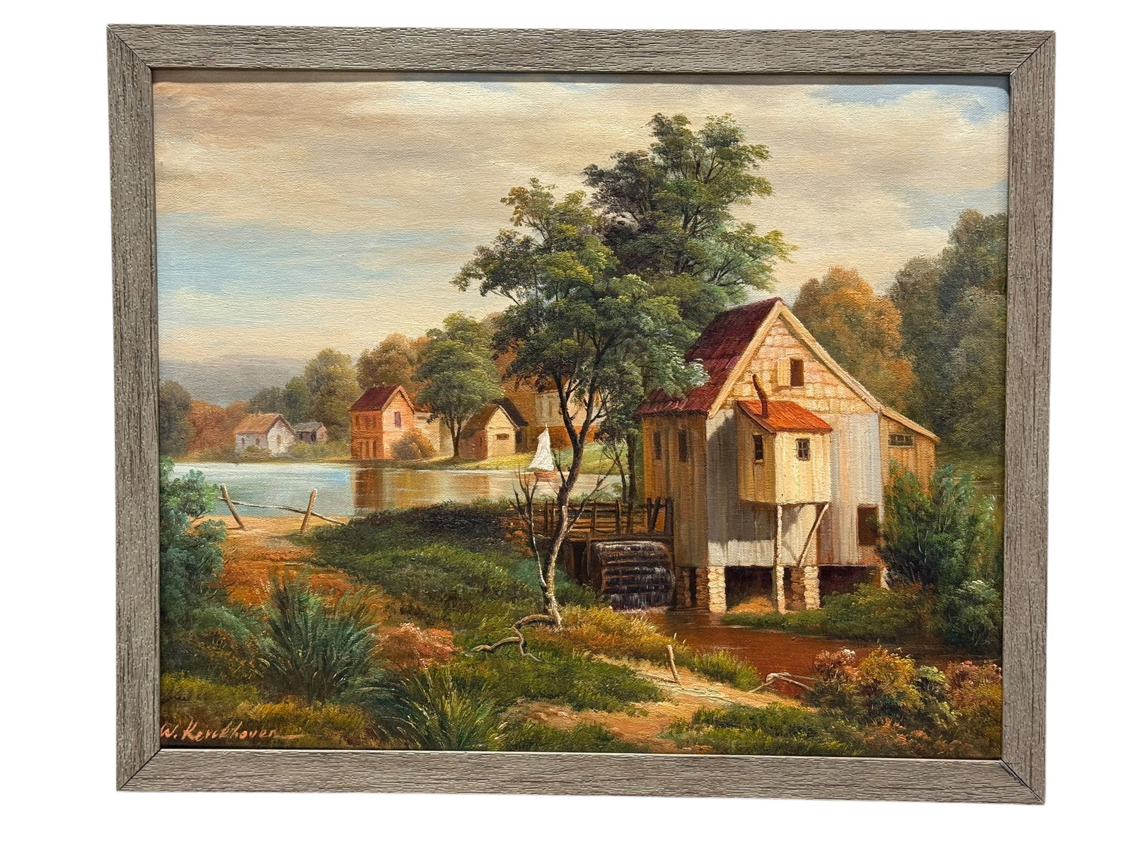 Signed W. Kerckhoven Mill Landscape Oil on Canvas Painting: A finely detailed pastoral landscape centers on a rustic watermill set beside a tranquil body of water, with the mill wheel, weathered buildings, and surrounding trees forming a picturesque focal poin
