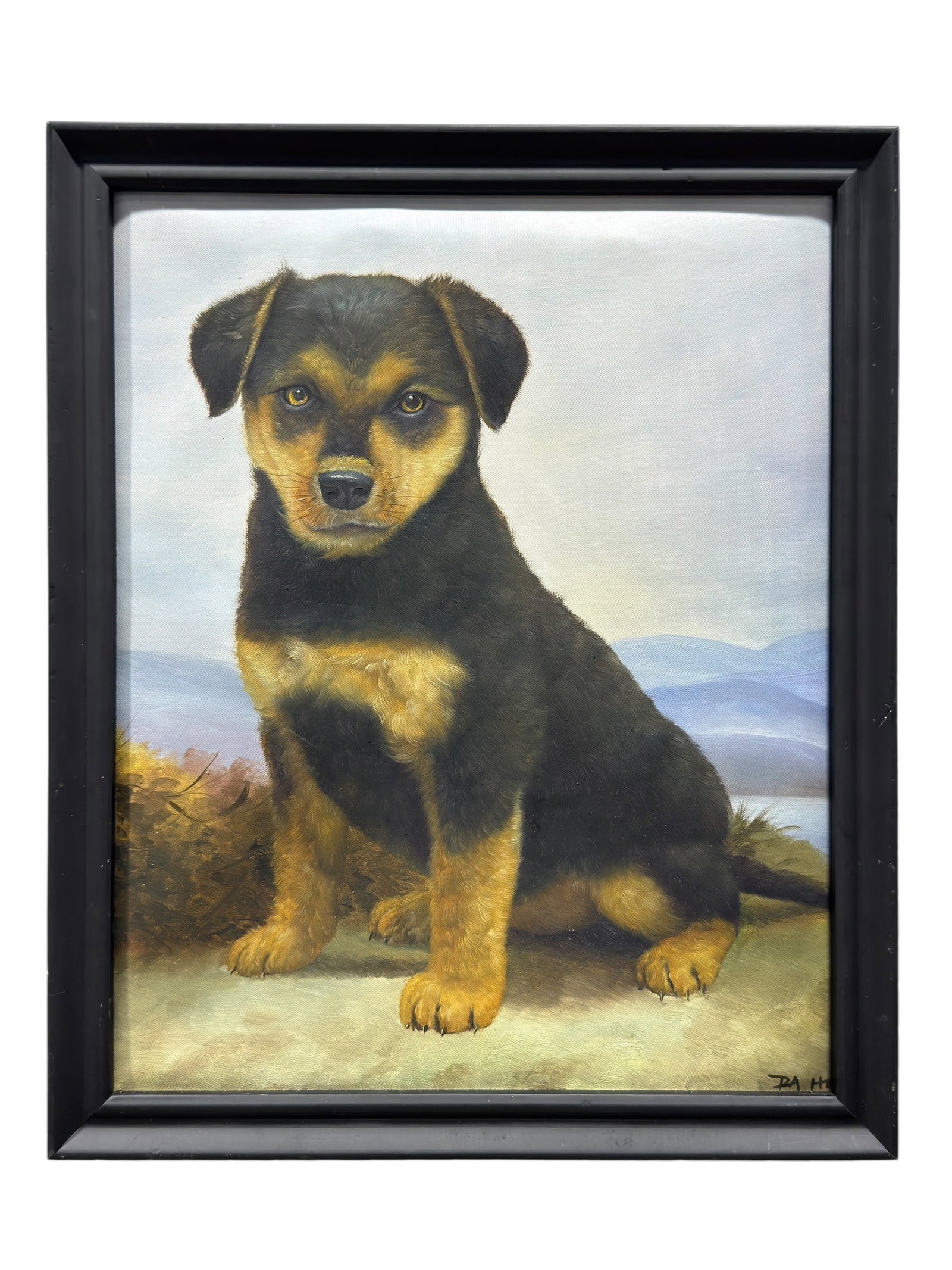 Signed DA H Rottweiler Puppy Portrait Oil on Canvas Painting (1 of 5)