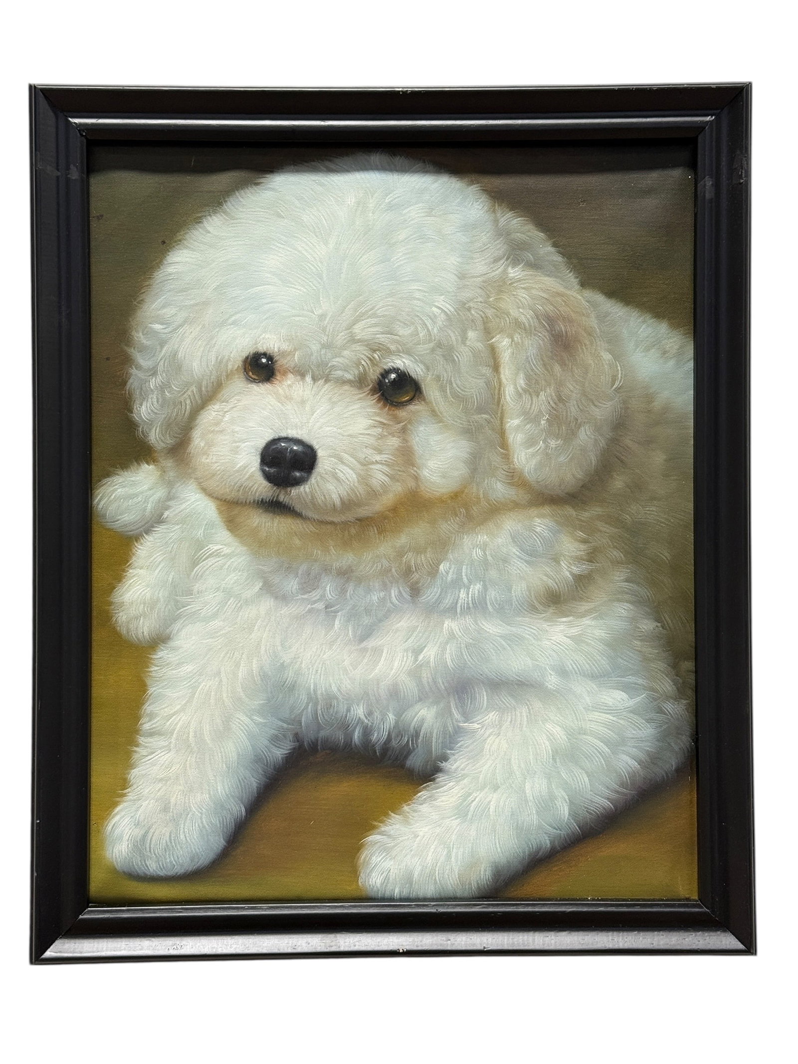Bichon Frise Puppy Portrait Oil on Canvas Painting: An endearing canine portrait features a fluffy Bichon Frise puppy resting against a softly shaded neutral background, with carefully rendered curls, warm brown eyes, and subtle cream tones giving the 