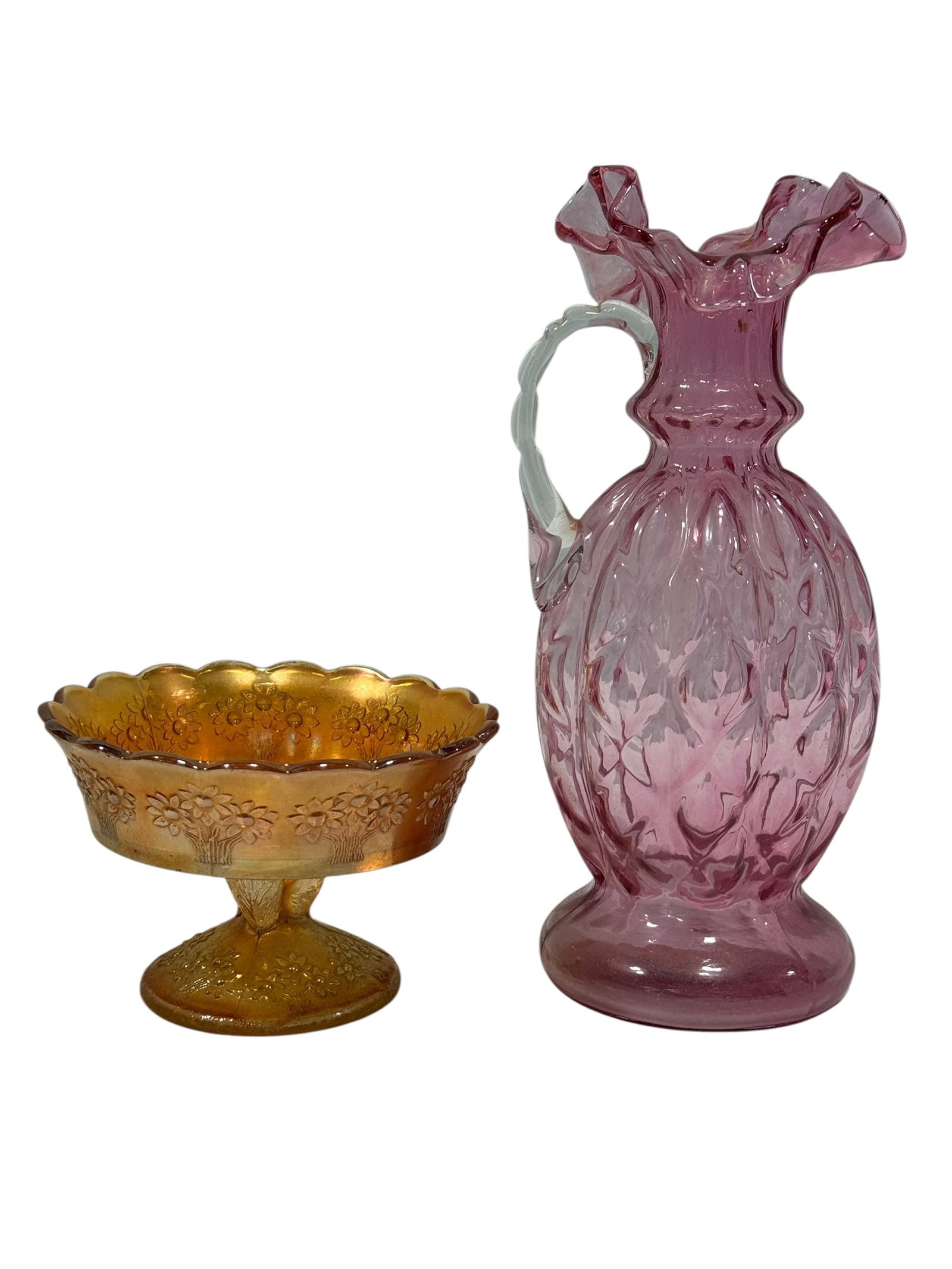Pink Pressed Glass Ruffled Pitcher & Marigold Carnival Glass Floral Compote (1 of 9)