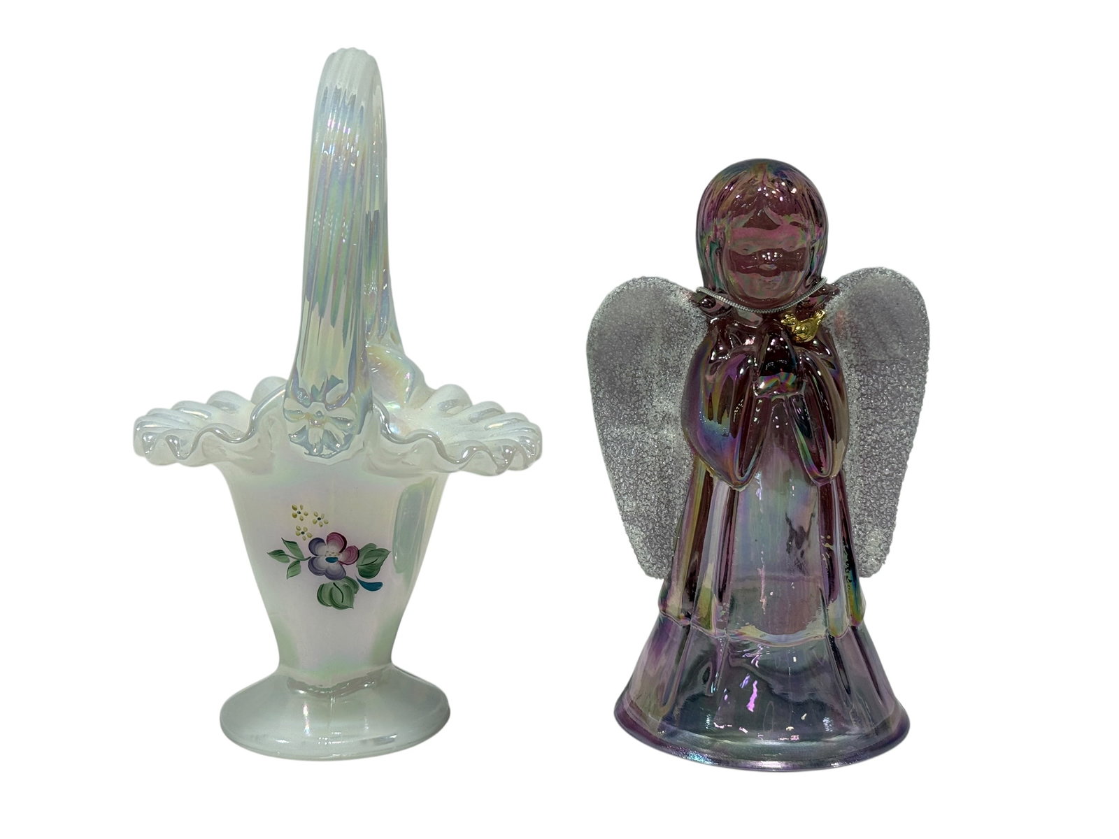 Fenton Iridescent Pink Glass Angel & Hand Painted Opalescent Basket: A charming two-piece grouping of Fenton art glass featuring an iridescent pink angel figurine and a hand-painted white opalescent basket. The angel is formed in translucent rose-pink glass with a soft