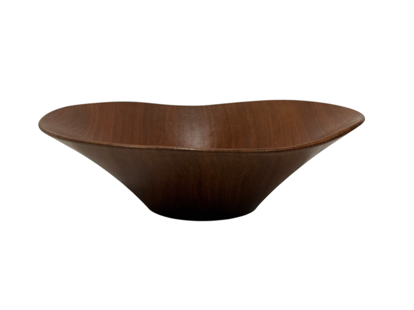 Signed Rude Osolnik MCM Biomorphic Walnut Turned Bowl: Distinctive Mid-Century Modern turned walnut bowl by noted American woodturner Rude Osolnik, designed with a fluid biomorphic outline, gently undulating rim, and broad shallow interior that highlights