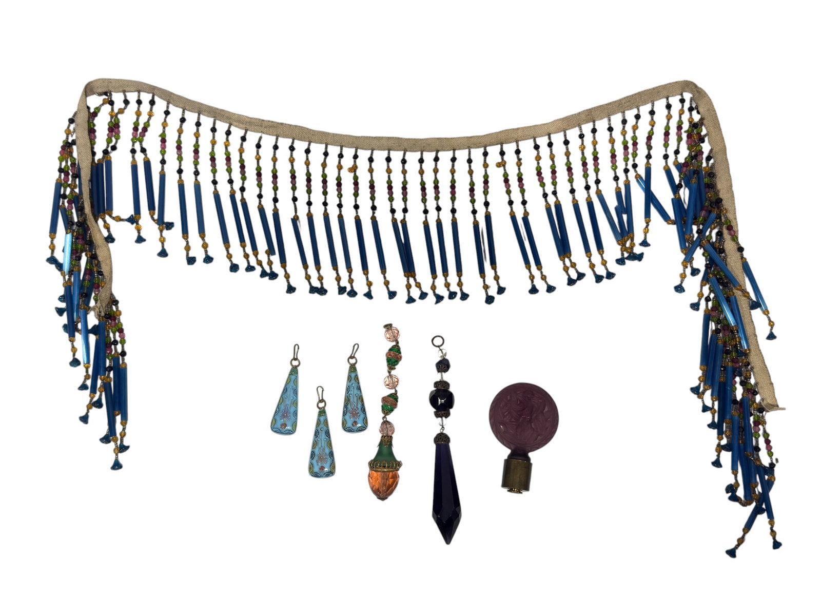 Group of Art Deco Czech Glass Lamp Pulls, Hoffman Style Finial & Beaded Fringe Trim: Decorative group of early 20th-century Art Deco lighting and interior embellishments comprising a richly colored assortment of Czech glass lamp pulls and pendants, an Art Deco finial or fitting in the
