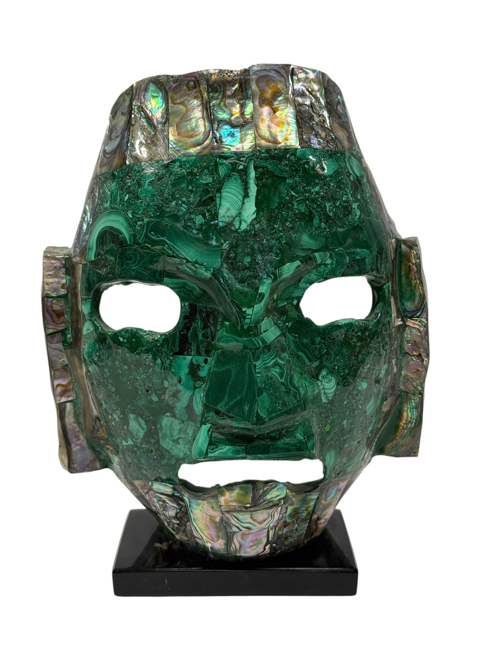 Faux Malachite & Abalone Shell Mosaic Mesoamerican-Style Mask on Stand (1 of 9)