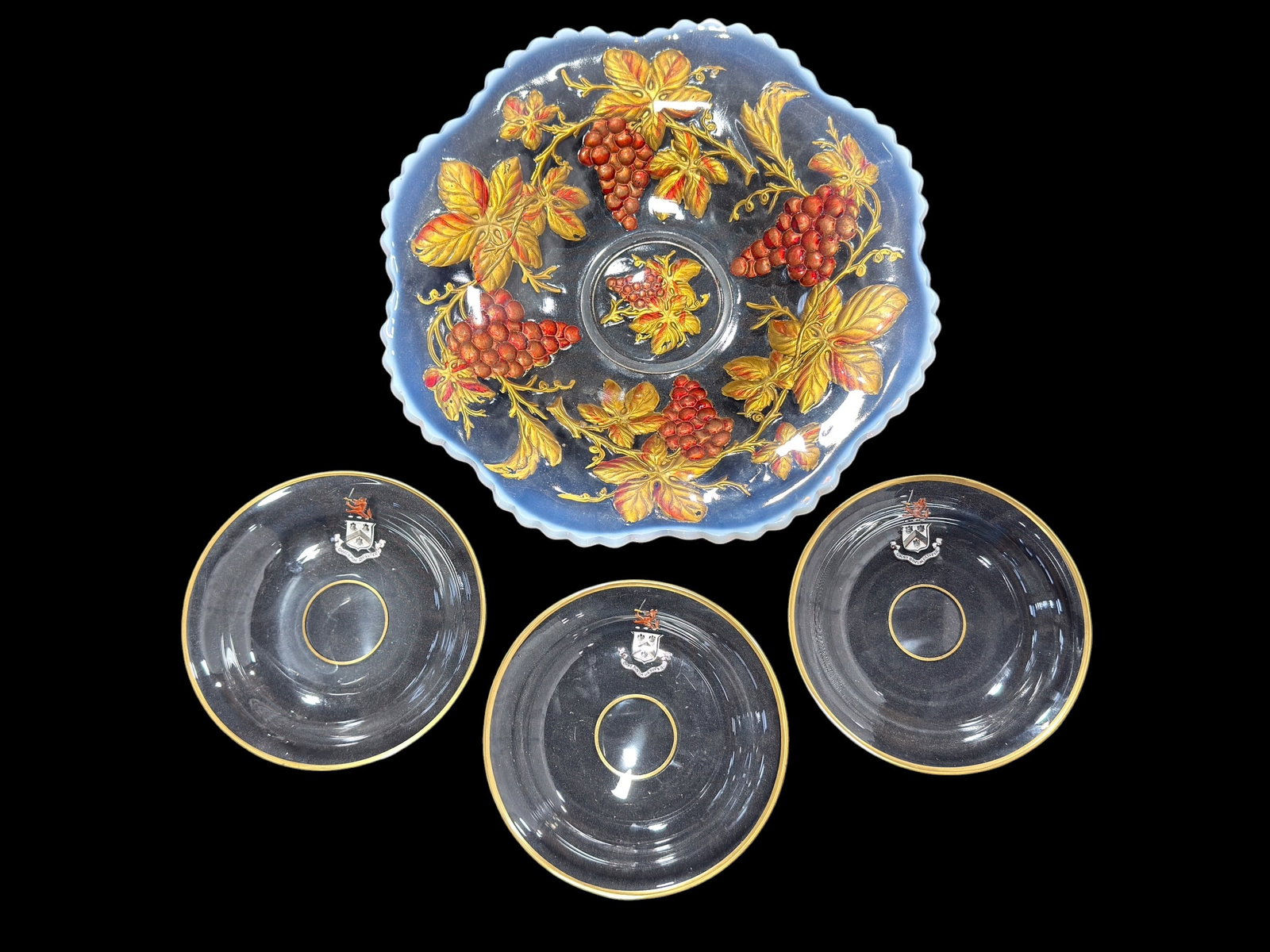 Decorative Glass Grape Motif Center Bowl & Heraldic Plates, (4pcs) (1 of 9)