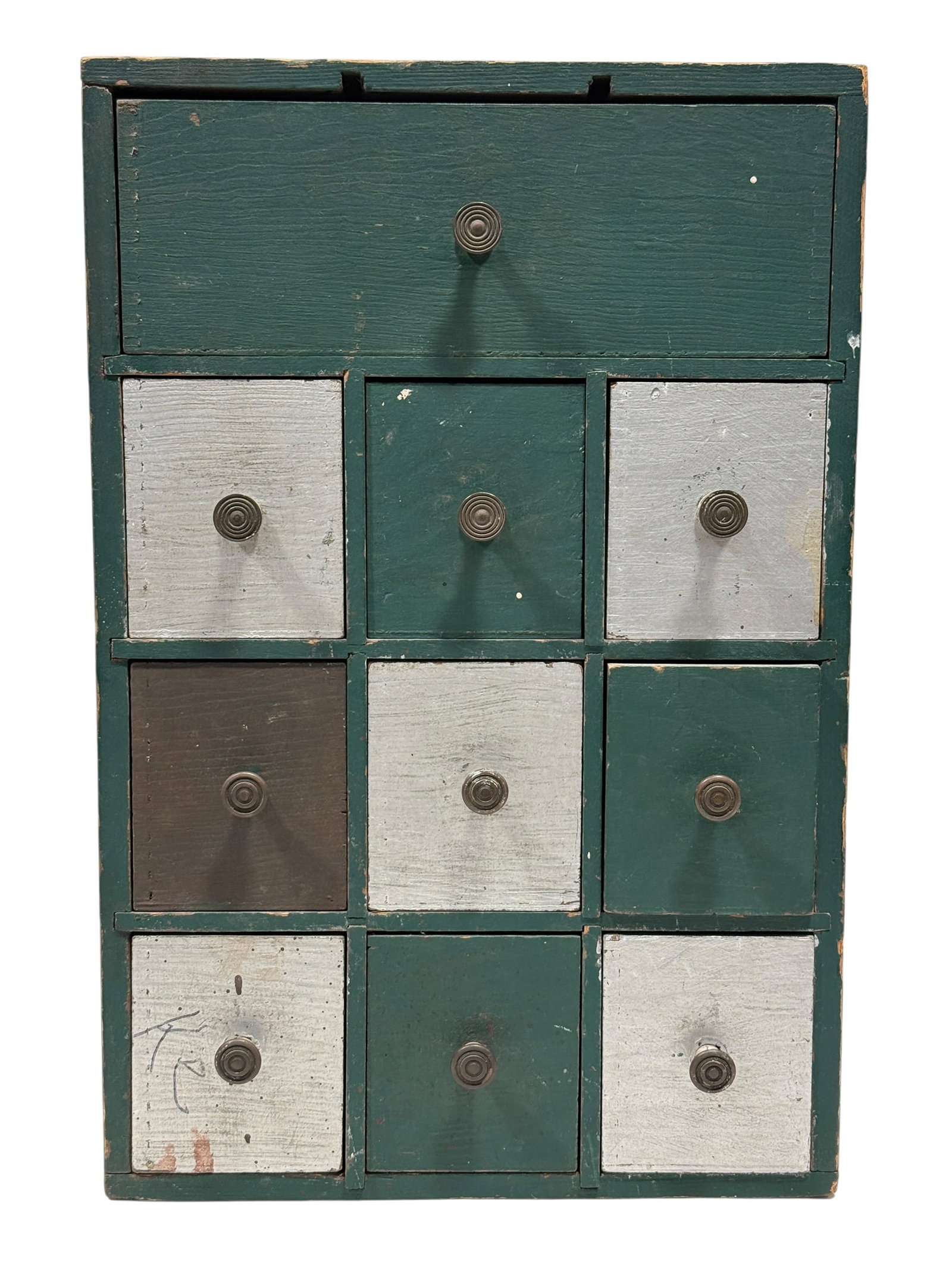 Primitive Painted Countertop Apothecary Cabinet w/ Drawers: Charming antique countertop apothecary or utility cabinet constructed of wood and retaining an old dark green painted surface accented with alternating cream and dark-toned drawer fronts. The compact