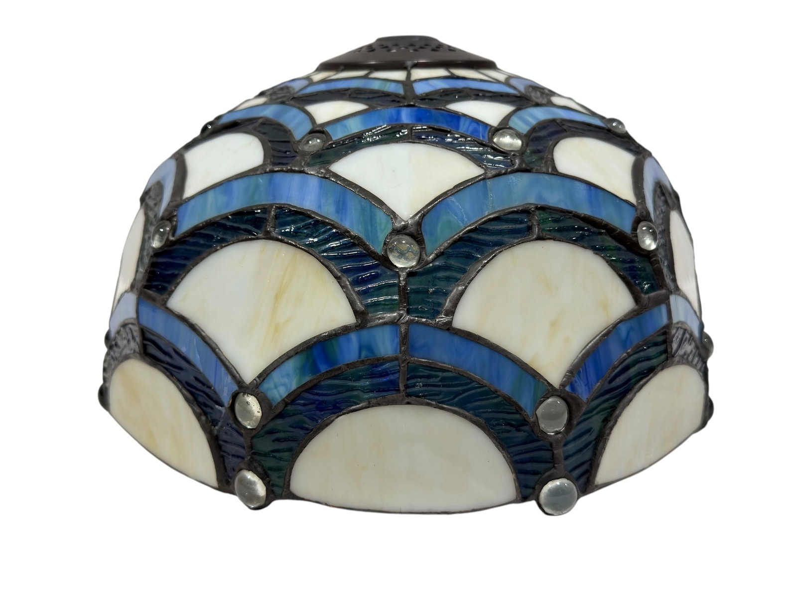 Tiffany Style Blue & White Leaded Stained Glass Lamp Shade: Decorative Tiffany style leaded stained glass lamp shade featuring a rounded dome form composed of repeating scalloped and fan-shaped panels in mottled white, sky blue, cobalt blue, and deep green gla