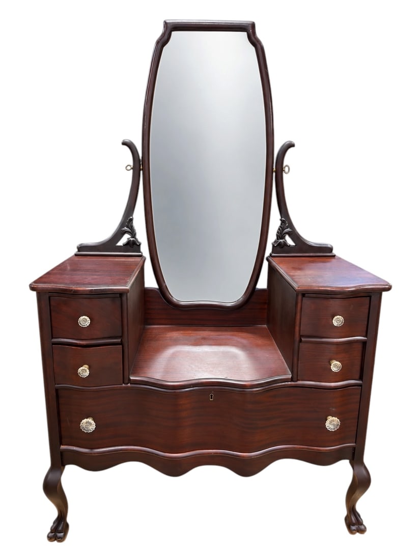 Early 20th C. Mahogany Serpentine Vanity w/ Beveled Mirror (1 of 10)