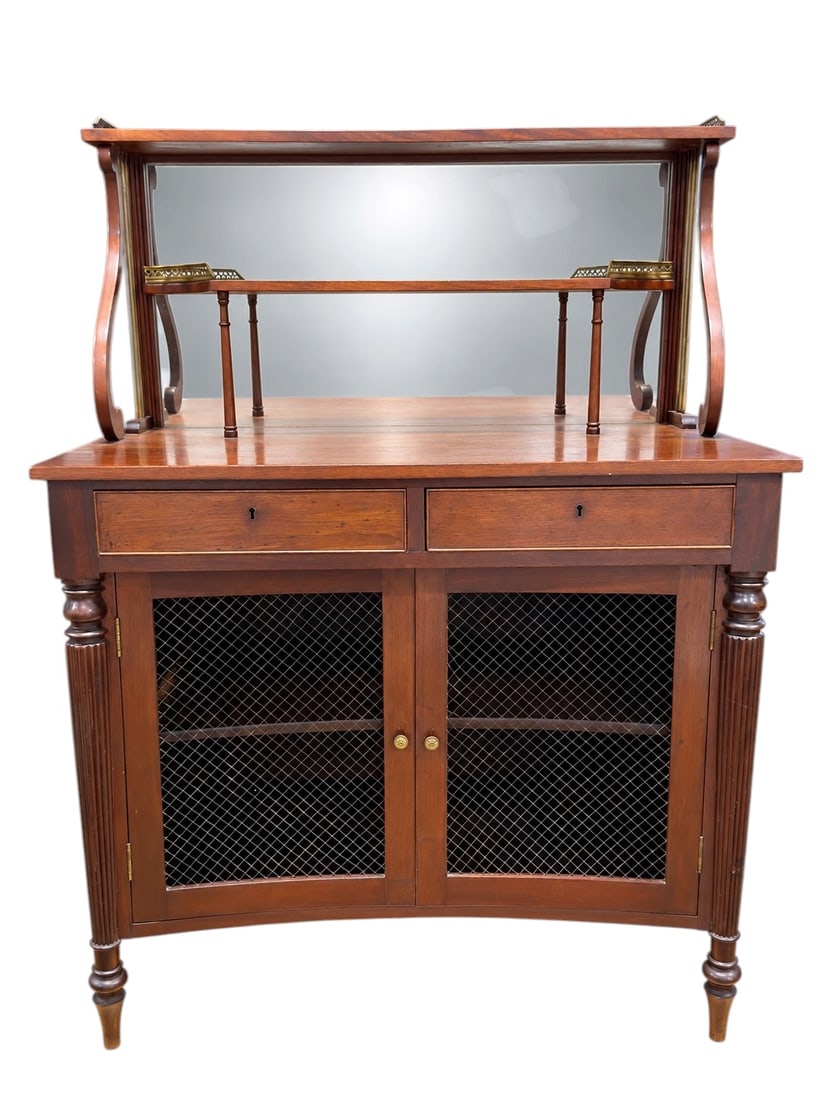 Early 20th Century Mahogany Server w/ Mirror Back: Elegant early 20th century mahogany server featuring a broad rectangular top above two shallow drawers with keyholes and a pair of lower cabinet doors inset with diamond-pattern wire mesh. The lower c