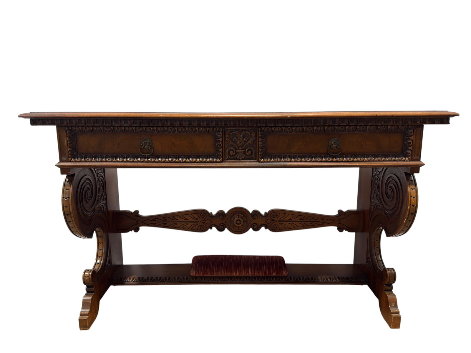 Early 20th C. Empire Mfg. Co. Rockford Carved Walnut & Burl Table: Elaborately decorated early 20th century writing table by Empire Manufacturing Company of Rockford, Illinois, featuring a richly figured top bordered with contrasting inlay above two burl-paneled draw
