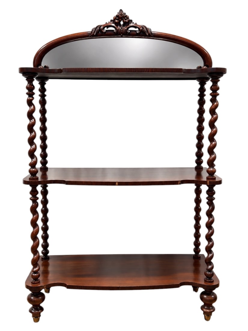 Late Victorian Mahogany 3 Tier Whatnot Stand w/ Mirror: Late 19th-century mahogany whatnot or display stand featuring three graduated open shelves supported by spiral and bobbin-turned posts. The upper section is fitted with an arched mirror framed by a ca