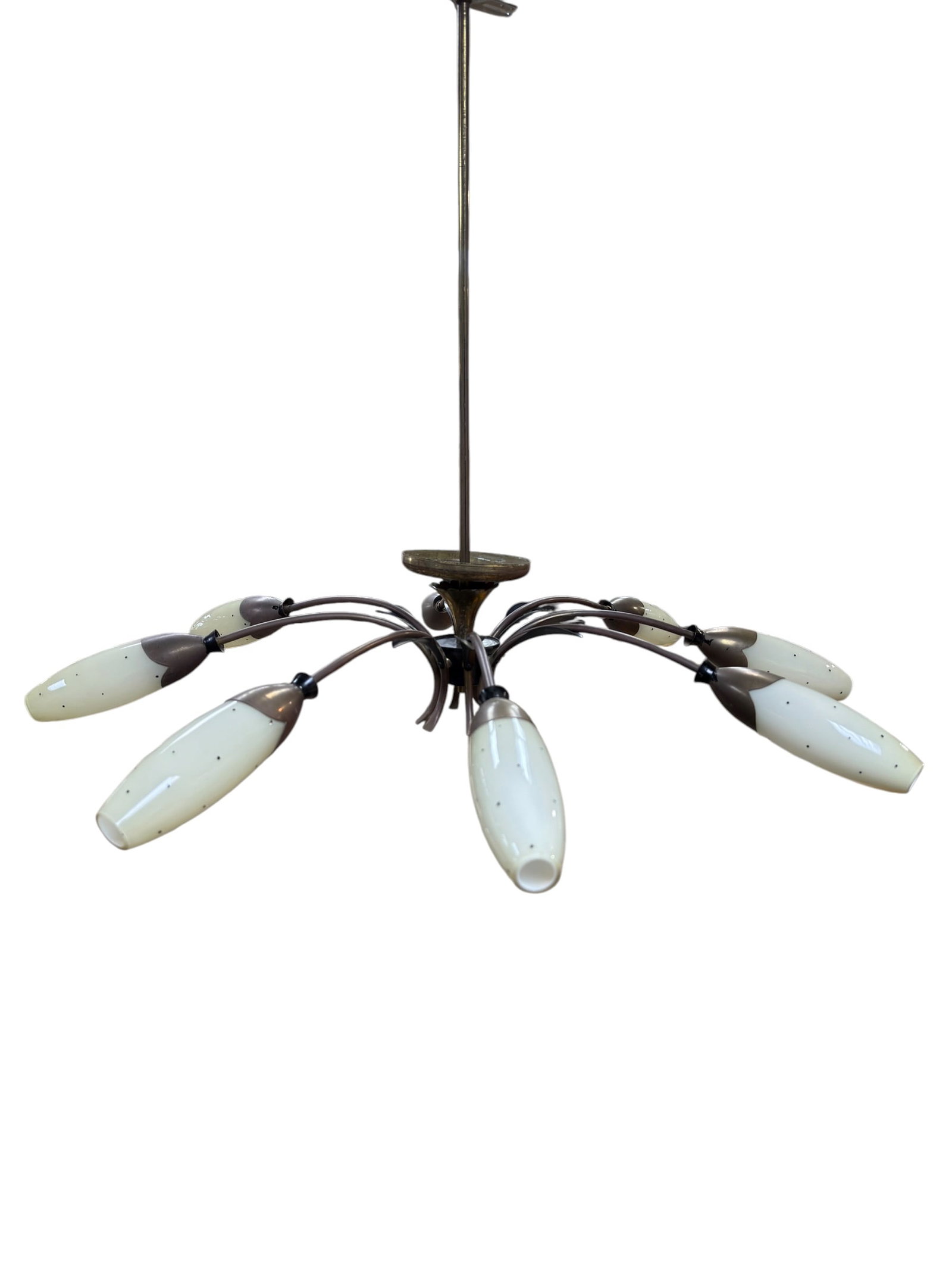 MCM 8 Arm Atomic Chandelier w/ Spatter Hand Blown Glass Shades: An outstanding circa 1950s Mid-Century Modern eight-arm “Atomic” chandelier, blending classic Space Age design with Hollywood Regency flair. The fixture features eight sweeping brass-tone arms