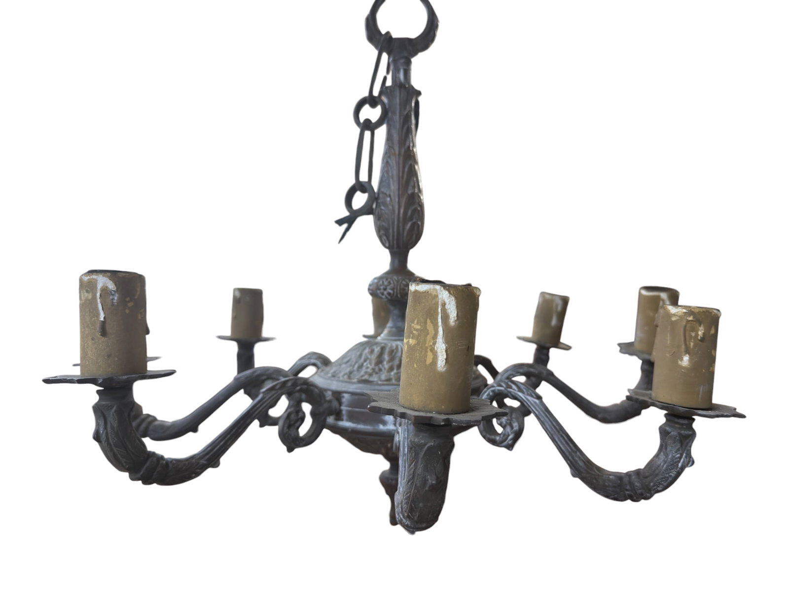 Antique Rococo Revival Bronze 6 Light Chandelier: Ornate antique six-light chandelier cast in bronze or bronze-toned metal, featuring a richly modeled central body with scrolling acanthus decoration, floral details, and six sweeping arms terminating 