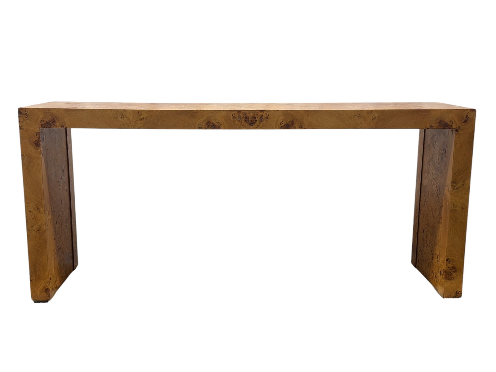 Vintage Burl Wood Waterfall Console Table: Striking vintage console table featuring a clean architectural waterfall form completely wrapped in richly figured burl wood veneer, creating a continuous band of swirling grain across the long rectan