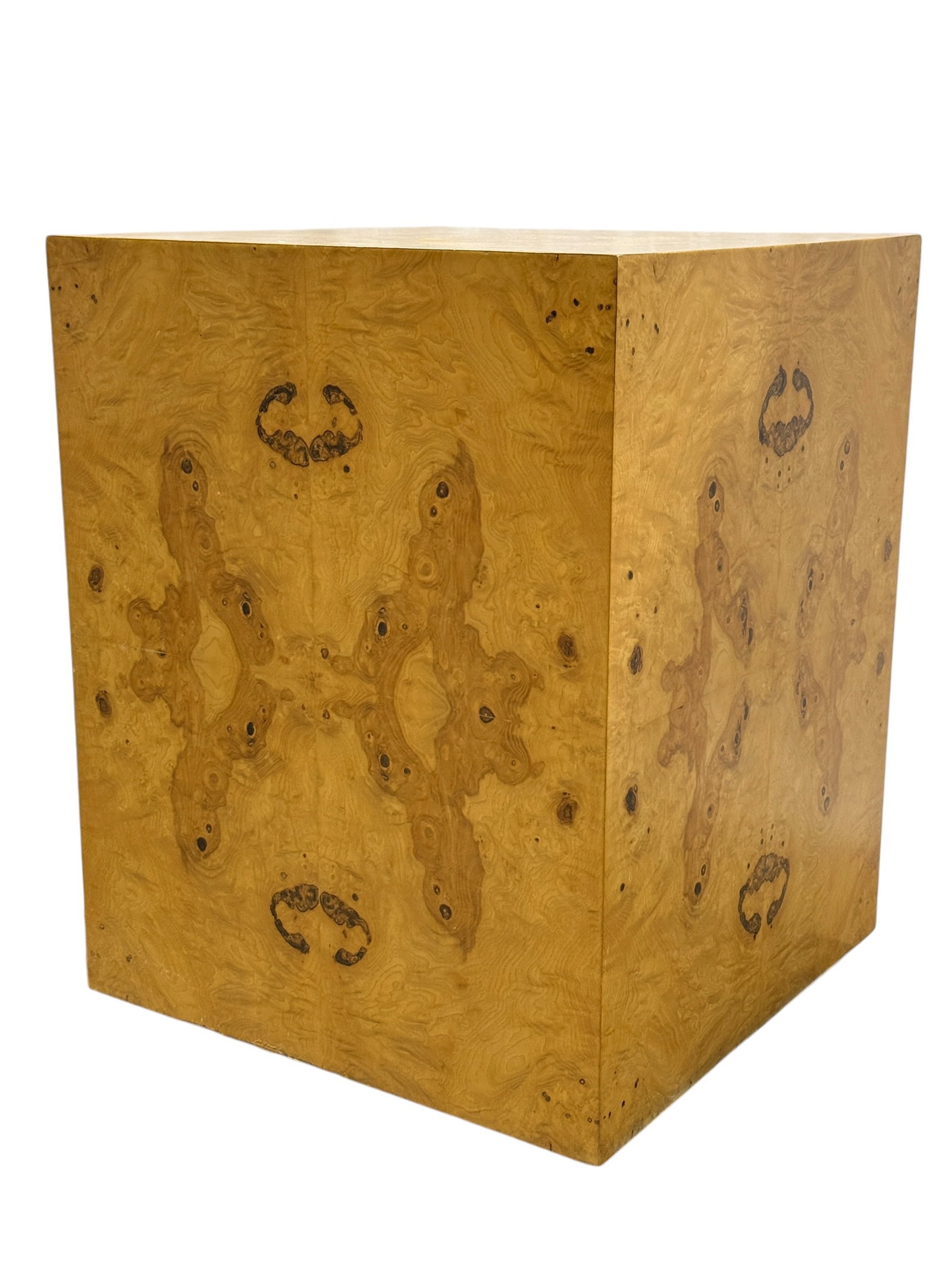 Burl Wood Cube Side Table: Striking vintage cube-form side table or display pedestal wrapped in richly figured burl wood veneer, showcasing dramatic swirling grain, natural knots, and bookmatched patterns across the top and sid