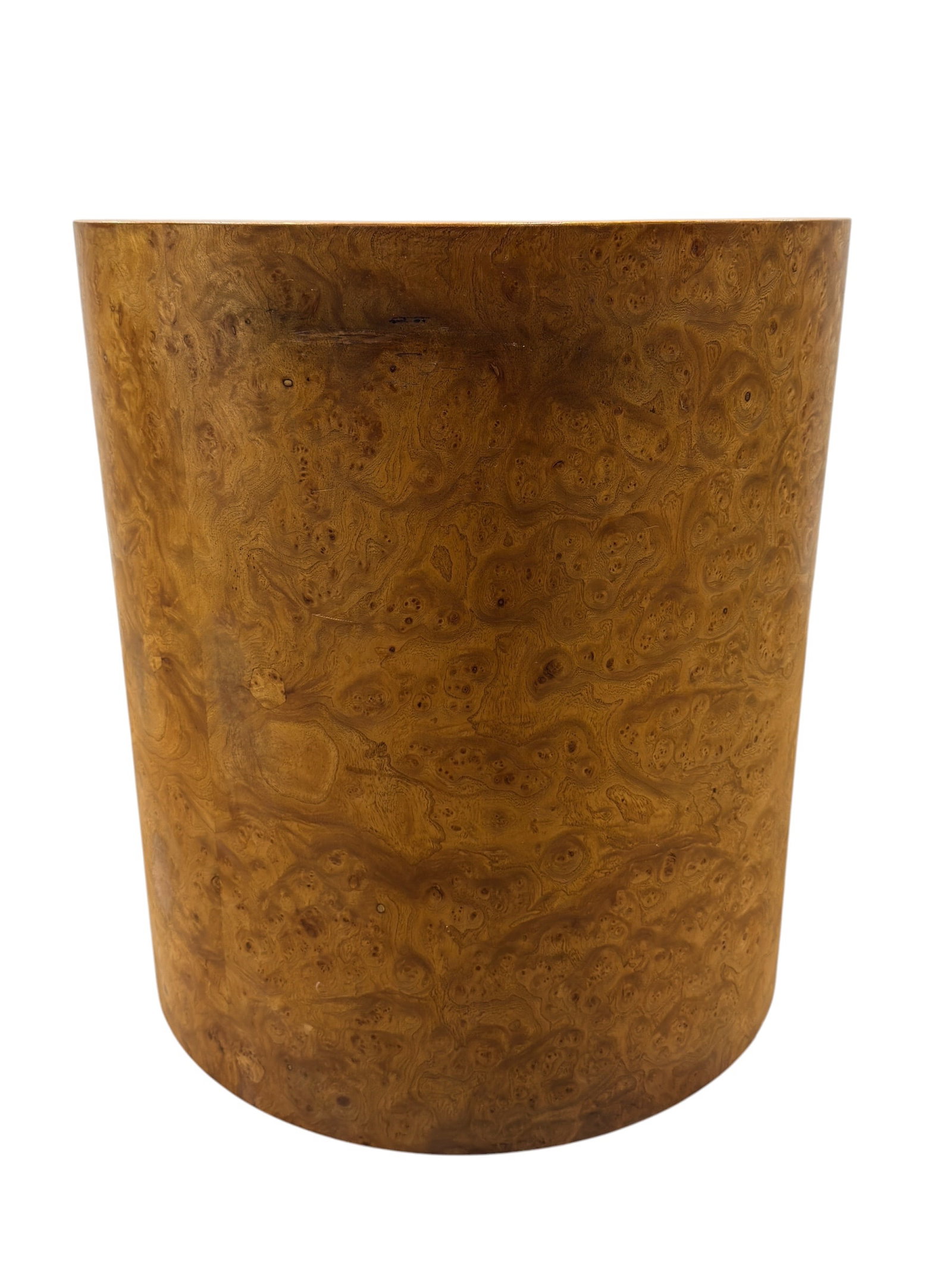 Burl Wood Drum Side Table: Sculptural vintage drum-form side table or display pedestal clad in richly figured burl wood veneer, featuring a cylindrical body and circular top that showcase dense swirling grain, clustered burl ey